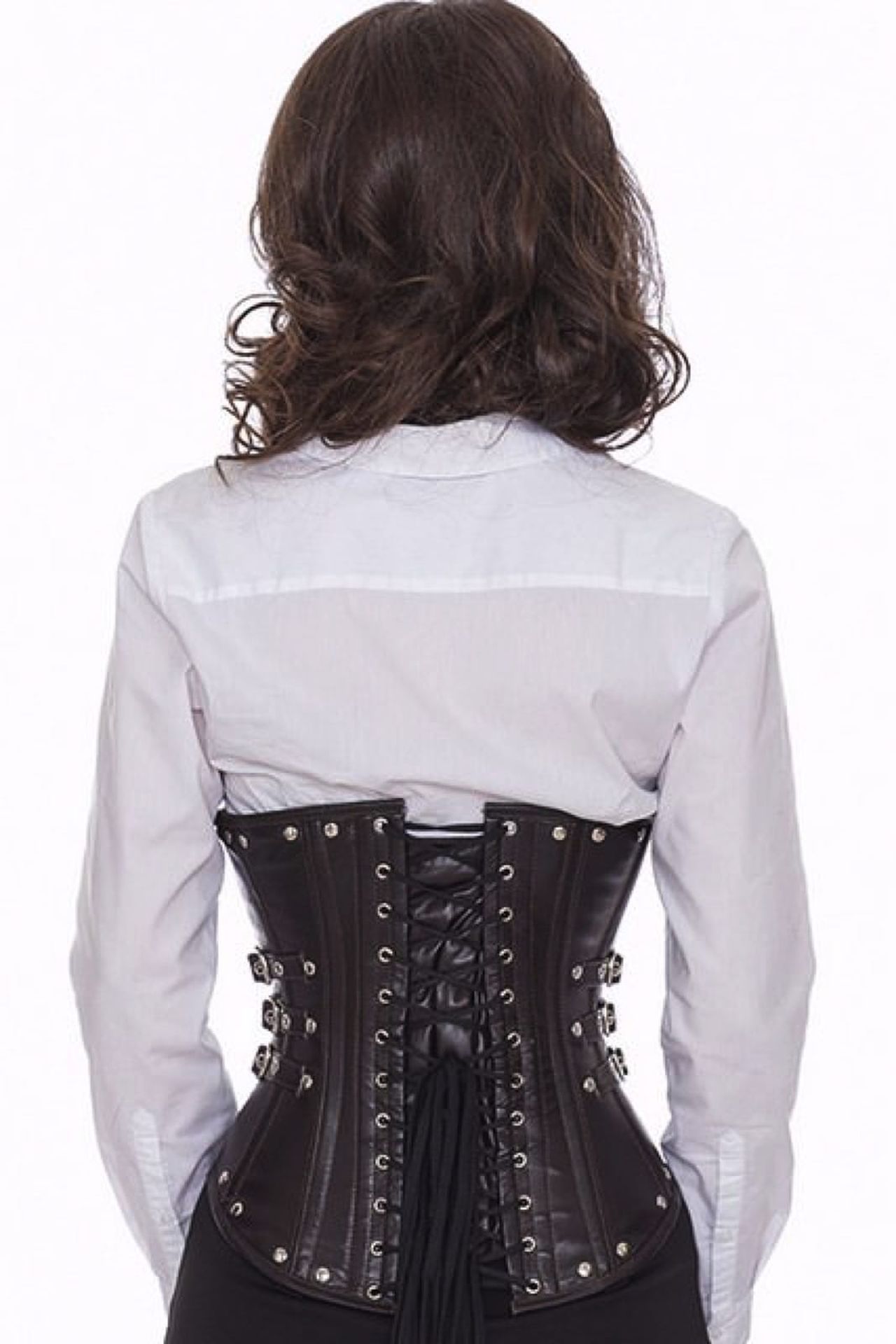 Corset brown leather underbust with rivets and side buckles lg26