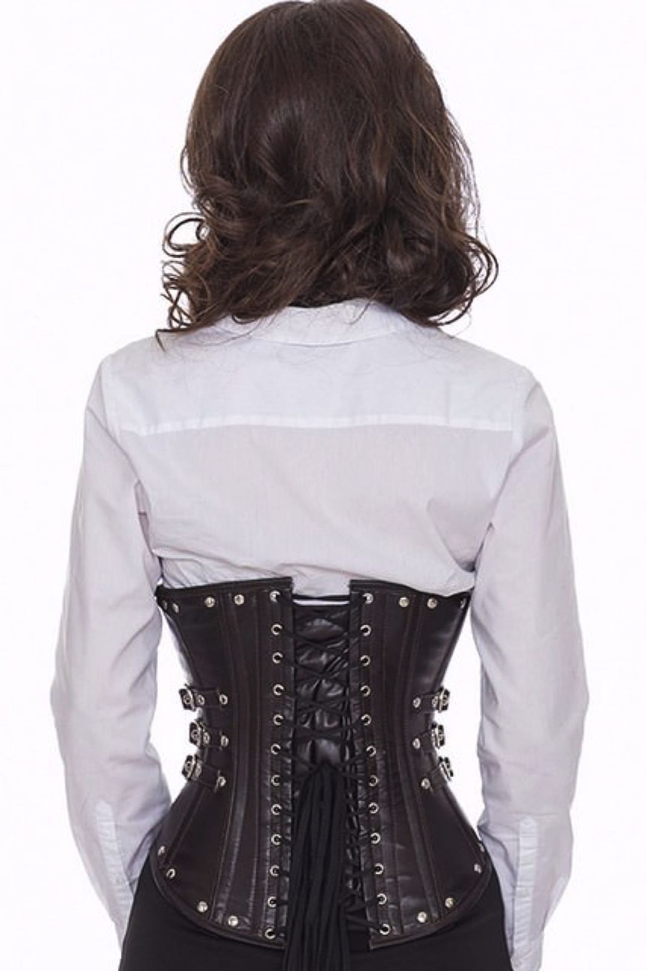 Corsetto marrone pelle underbust con borchie e fibbie laterali lg26