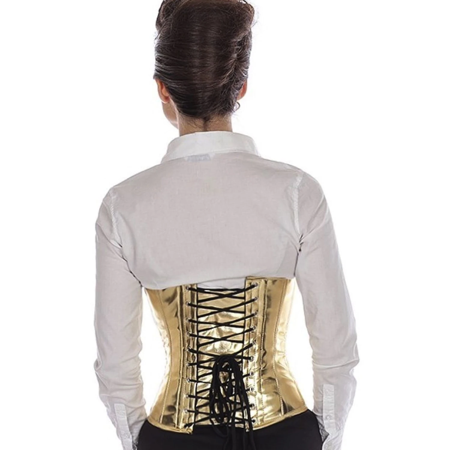 Lackkorsett Taillenkorsett Gold Metallic – Echtes Schnürkorsett mit Stahlstäben Rückansicht eines Modells im echten Lack-Schnürkorsett als Taillenkorsett in gold glitter mit Rückenschnürung