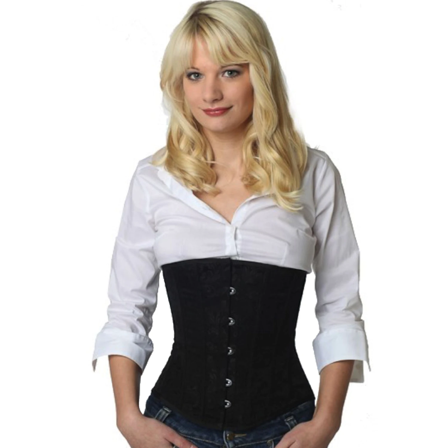 Brocade underbust corset in black – genuine lace-up corset for waist reduction Model wearing an elegant brocade underbust corset in black with cotton inner lining