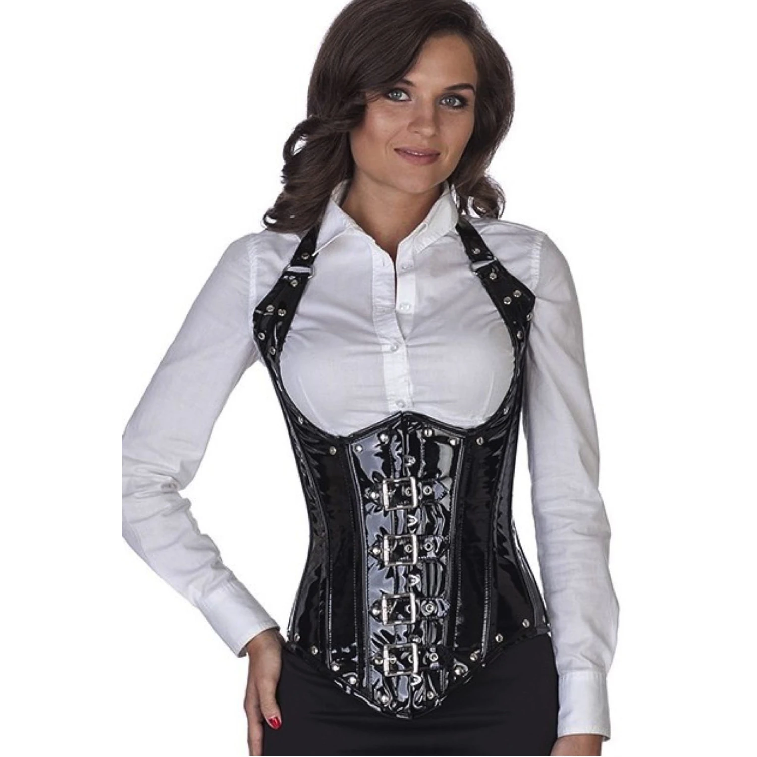 korsetti niiteillä ja soljet PVC musta po70 Malli kantaa aitoa kiiltonahkaista underbust-korsettia, jossa on niitit ja soljet, näkymä edestä
