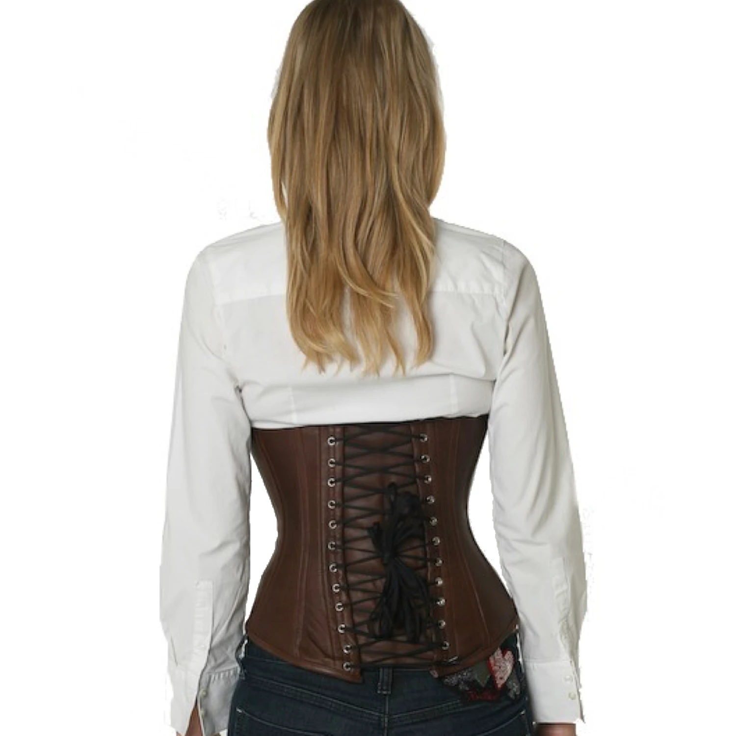 Espartilho de couro no estilo underbust em castanho – Elegante espartilho de couro genuíno para a cintura Vista traseira na modelo: Corset de couro sob o busto em marrom com amarração clássica nas costas e 14 barbanas de aço inoxidável.