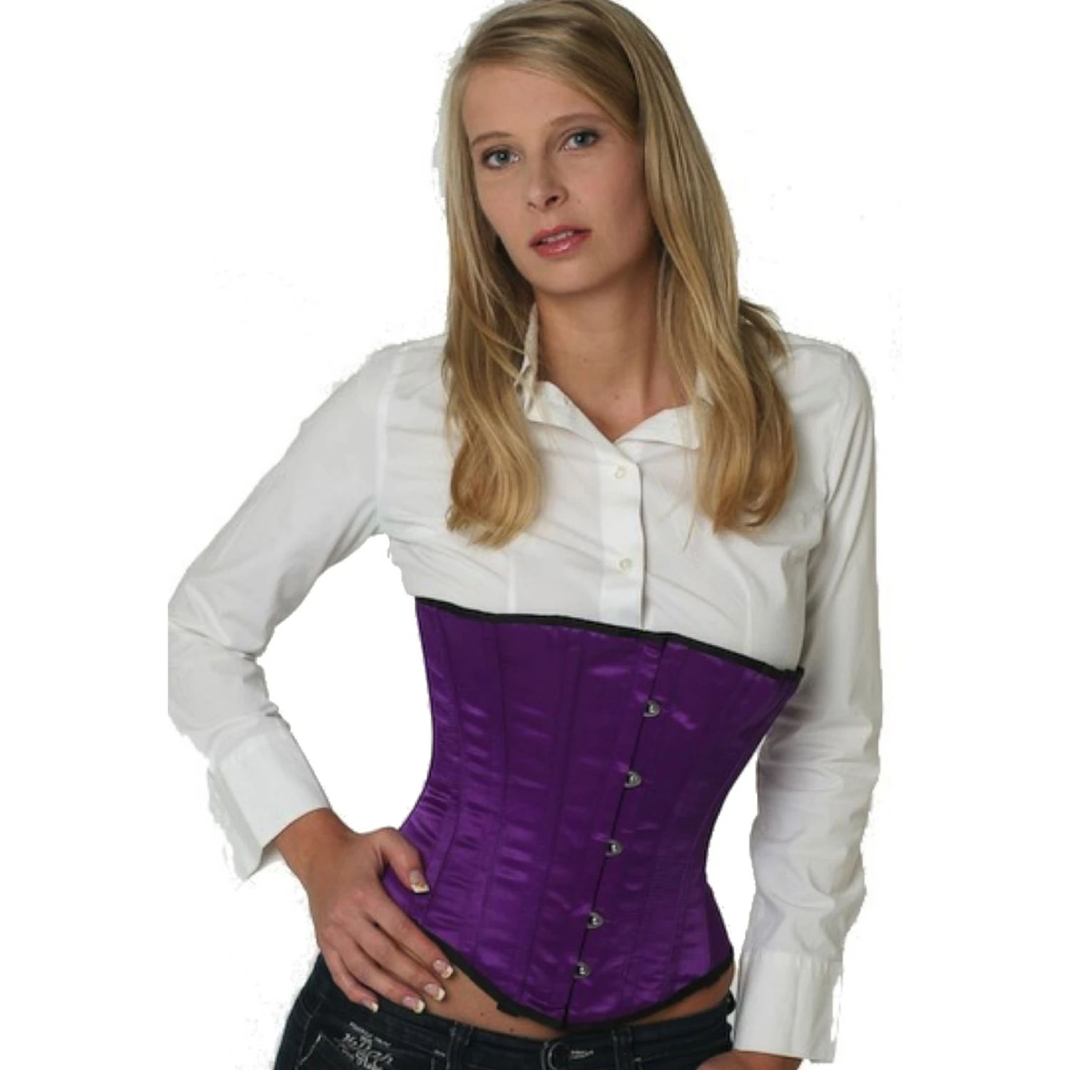 Espartilho Corset violeta cetim su09 Modelo vestindo um elegante corset underbust de cetim violeta com forro interno de algodão