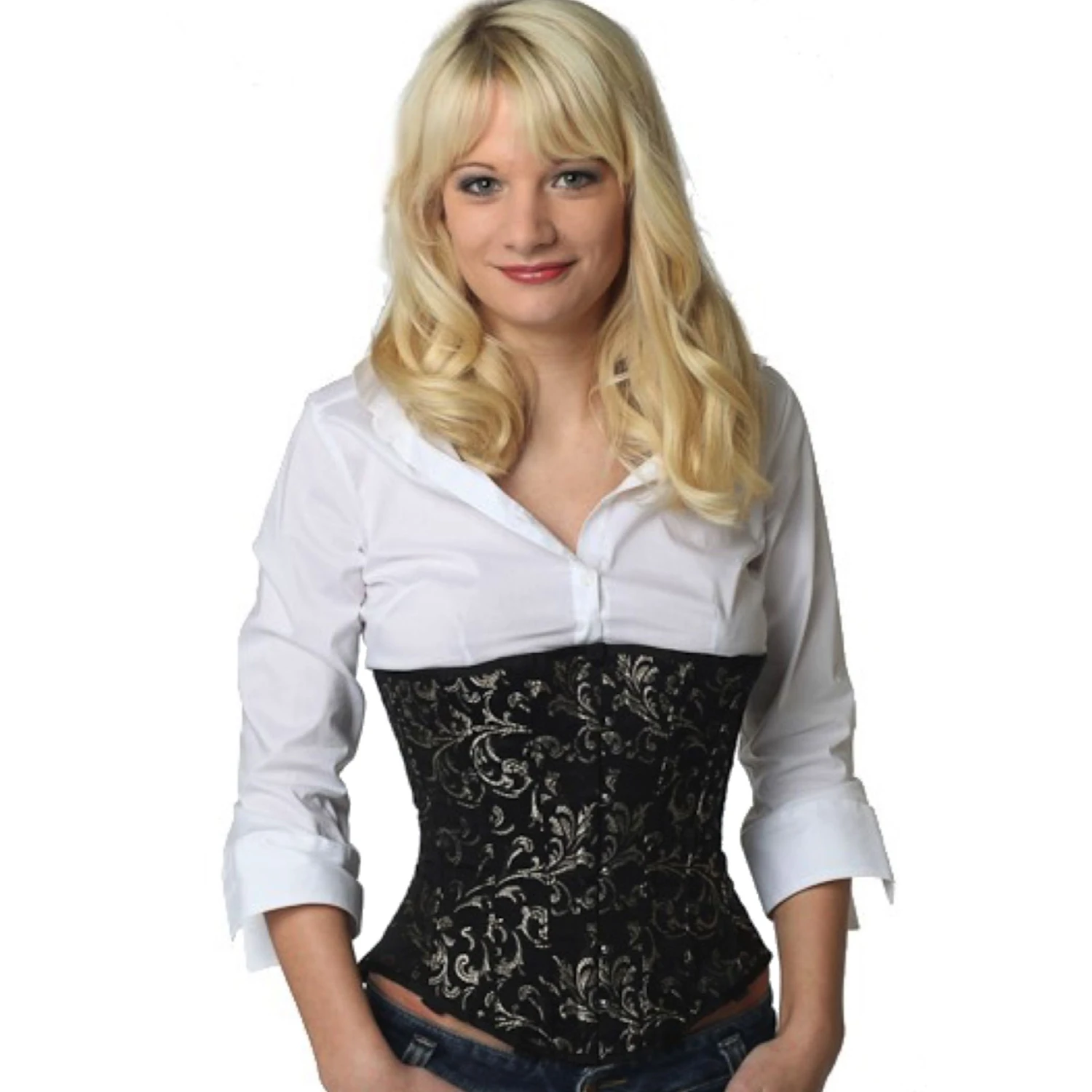 Espartilho underbust de brocado dourado – Compre um espartilho de amarração luxuoso com aço inoxidável autêntico Modelo vestindo um elegante corset underbust de brocado ouro com forro interno de algodão