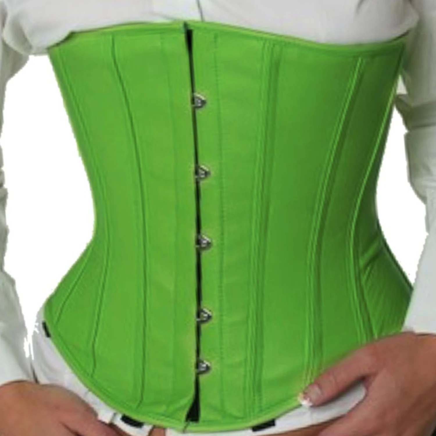 Leren onderborstkorset groen van echt leer Leren korset als een onderborstkorset in groen gemaakt van echt leer, vooraanzicht ohne model. Rijgkorset voor taillevermindering.