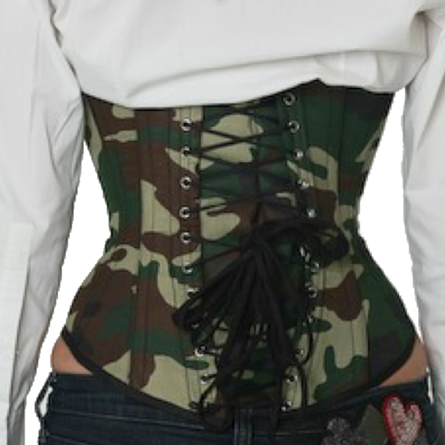 Underbust Corset Camouflage in Camouflage Pattern – Genuine Lace-Up Corset (36-52 & made-to-measure) Rear view of the camouflage lace-up corset on a model showing the back lacing