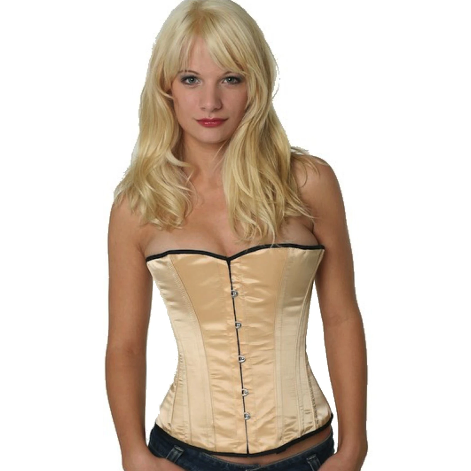 Half-bust corset in beige satin – Elegant lace-up corset for a perfect fit Model wearing an elegant satin half-bust corset in beige with cotton inner lining