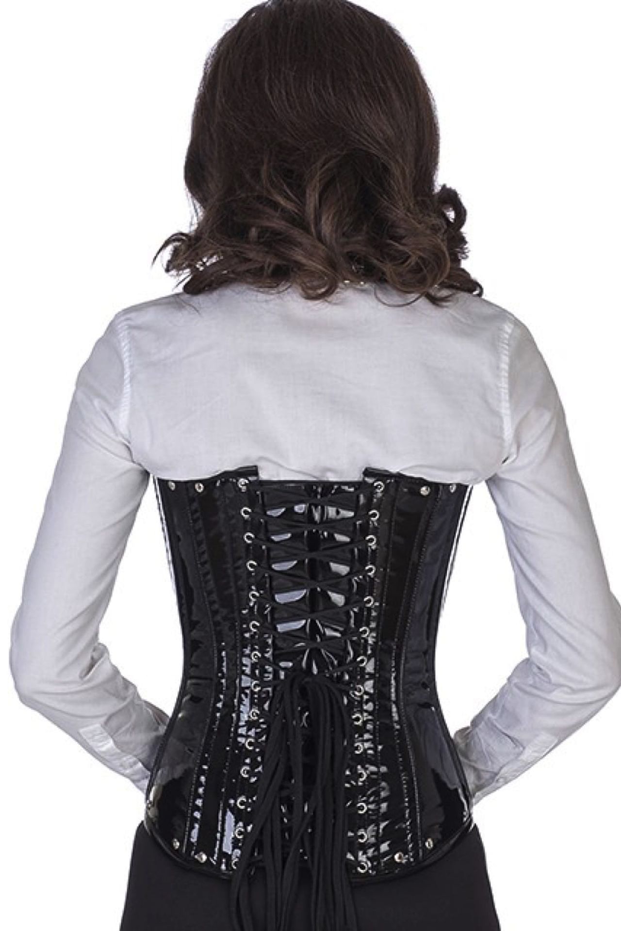 Lak corset zwart onderborst neckholder met studs en gespen Korset po70