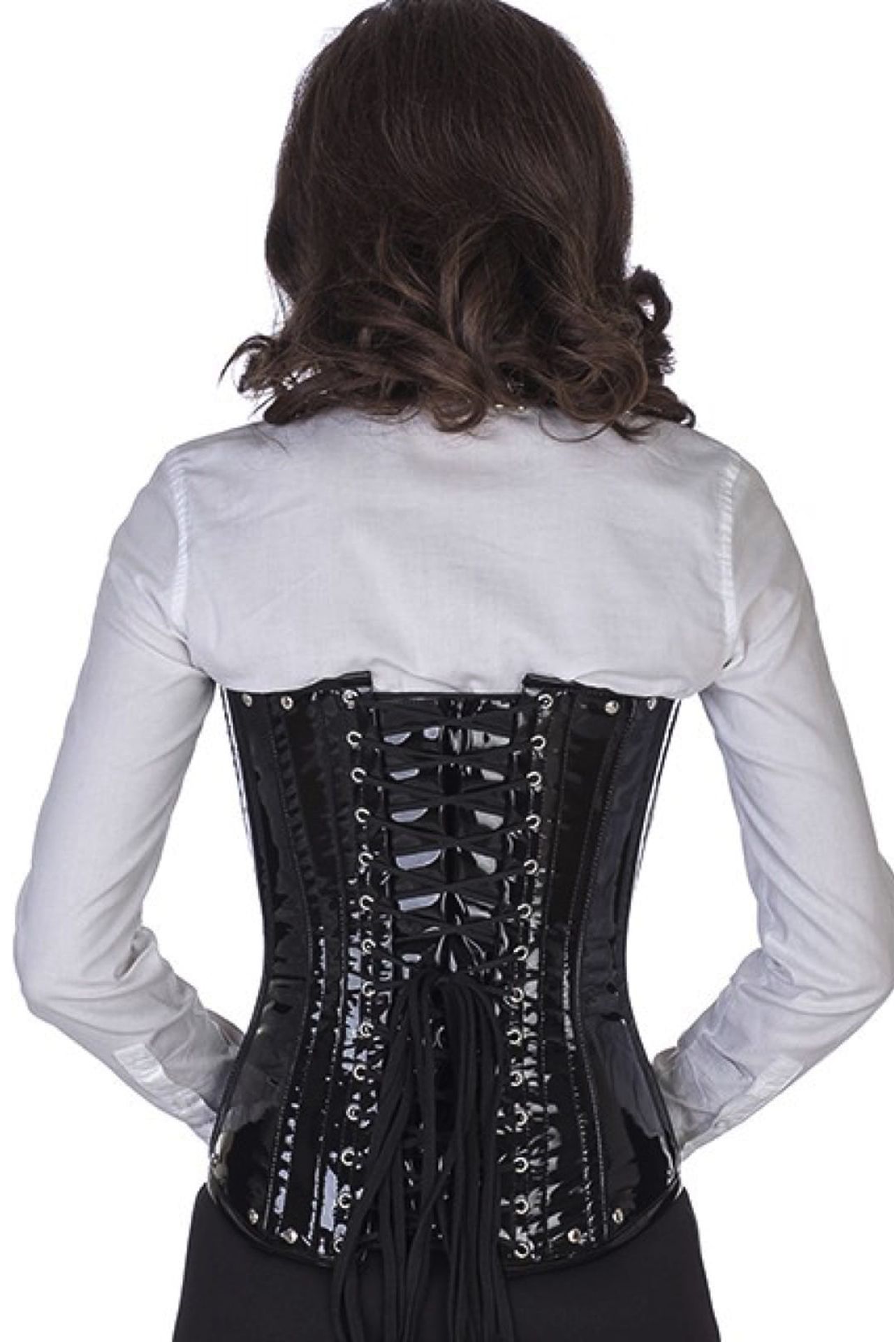 Corsetto nero verniciato sottoseno con scollo all'americana Corsetto nero verniciato sottoseno con scollo all'americana