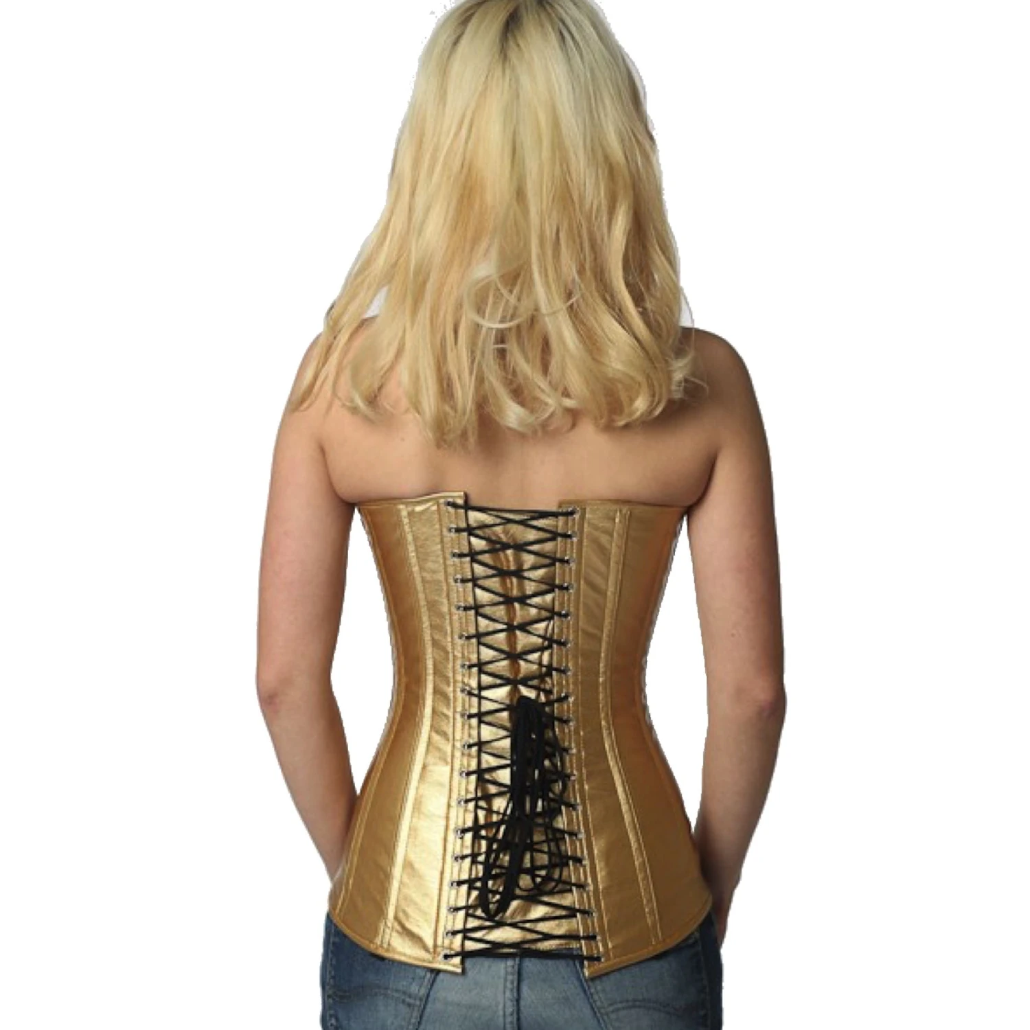 Espartilho sobrebusto em verniz dourado – Elegante espartilho com cordões para uma silhueta perfeita Vista traseira de uma modelo com um autêntico corset de amarração busto completo em ouro com laços nas costas