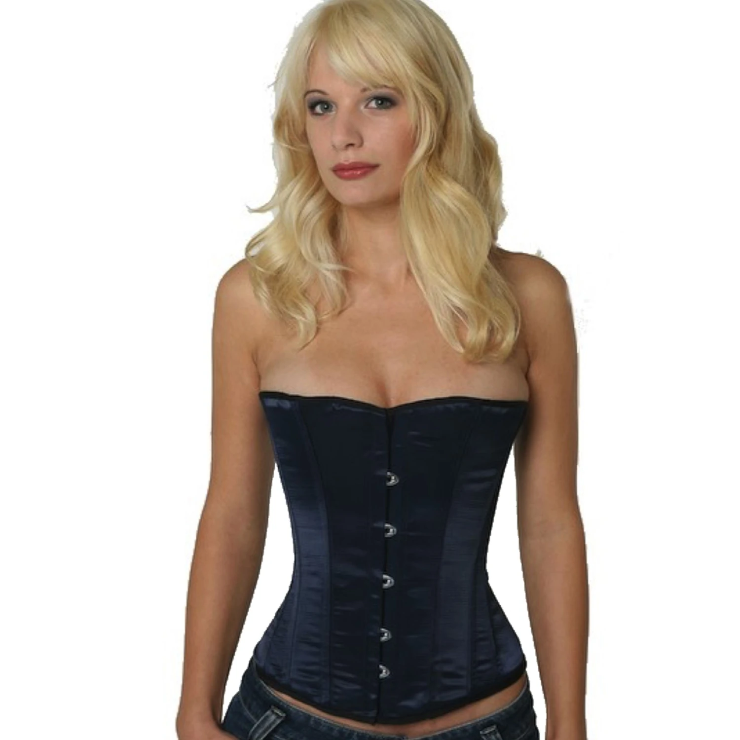 Model wearing an elegant satin half-bust corset in dark blue with cotton inner lining