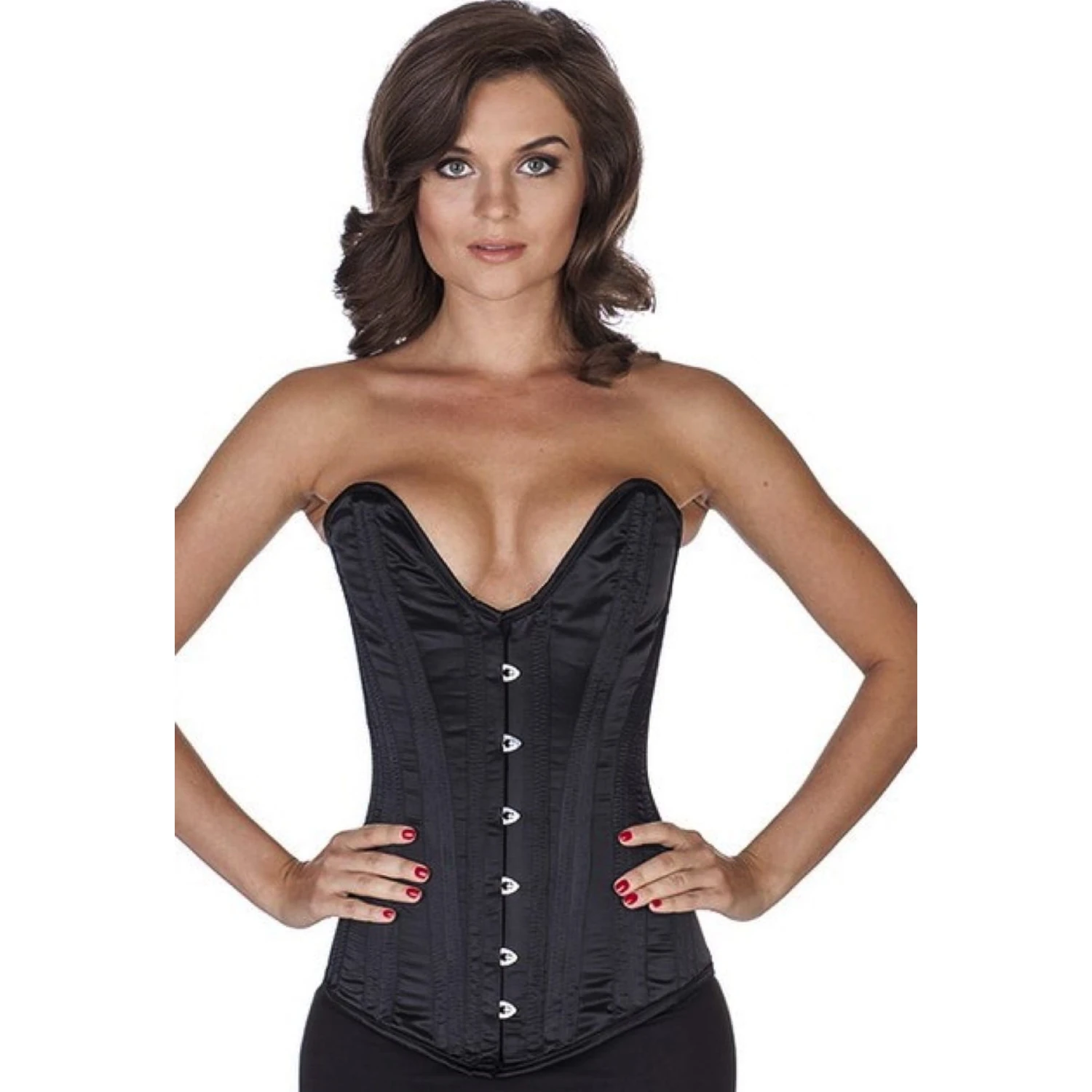 Overbust corset in black cotton satin with a deep plunge neckline Model wearing an elegant satin plunge overbust corset in black with cotton inner lining