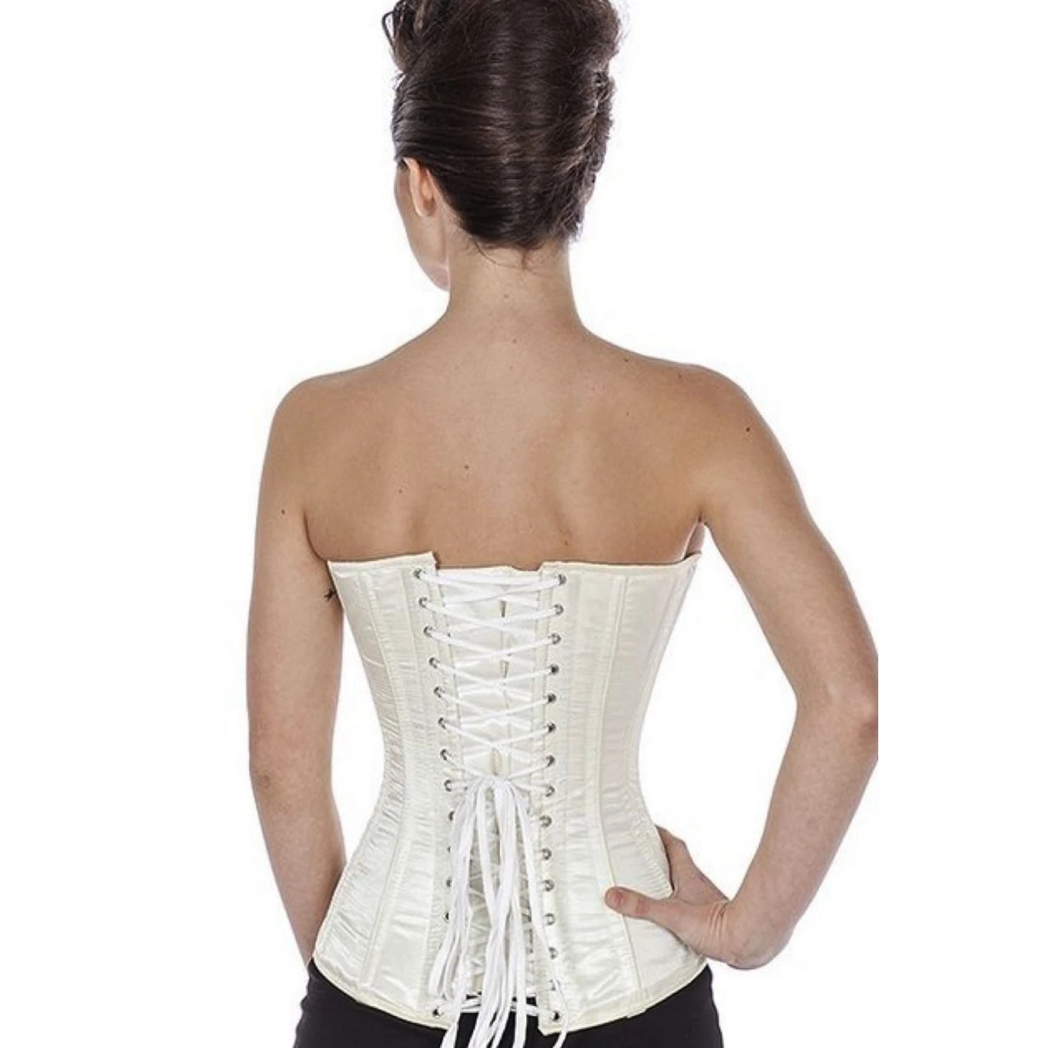 Satin Overbust Corset Ivory/Champagne – Classic Elegance for the Perfect Entrance Back view of a model in a satin overbust tightlacing corset in ivory with classic back lacing