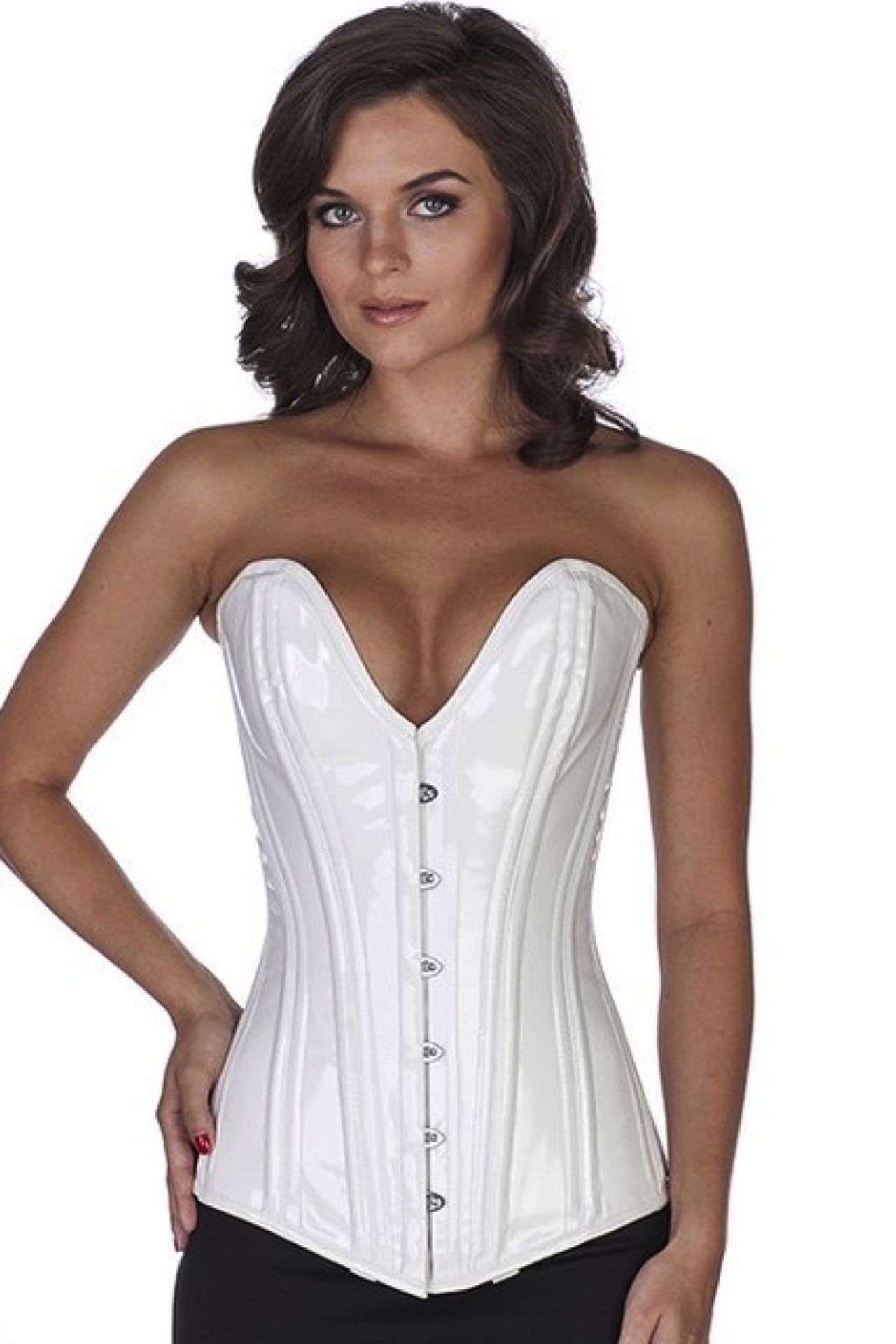 Corset white vinyl overbust plunge corset pl76