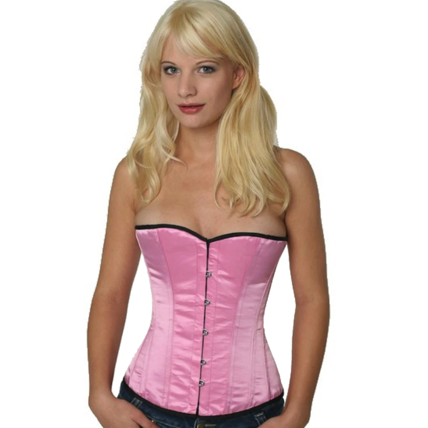 Korsett Pink Sateng Half bust sh03 Modell har pa seg et elegant satin-halvbystekorsett i pink med bomullsfor på innsiden