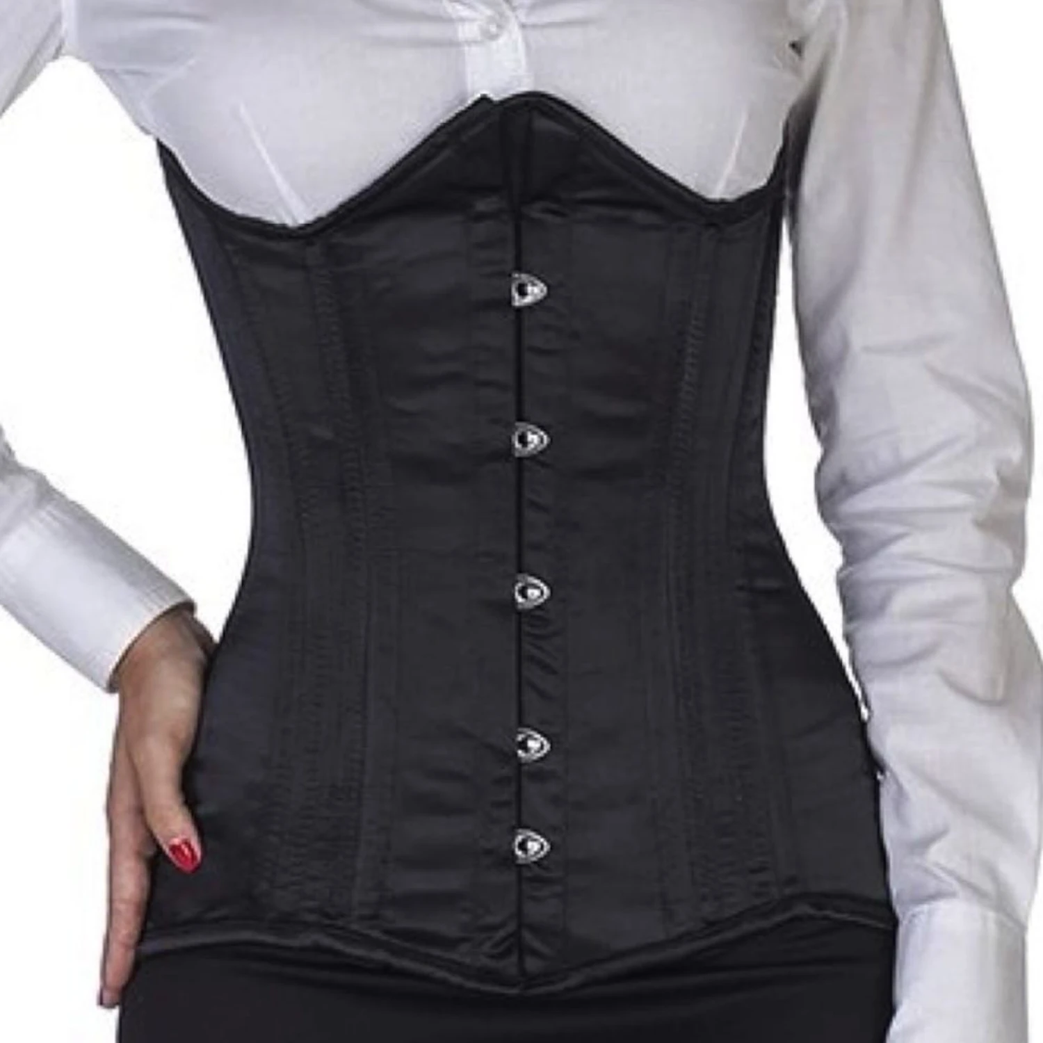 Satin corset underbust corset curved at the top black Curved underbust corset made of black satin, front view showing the sturdy busk closure
