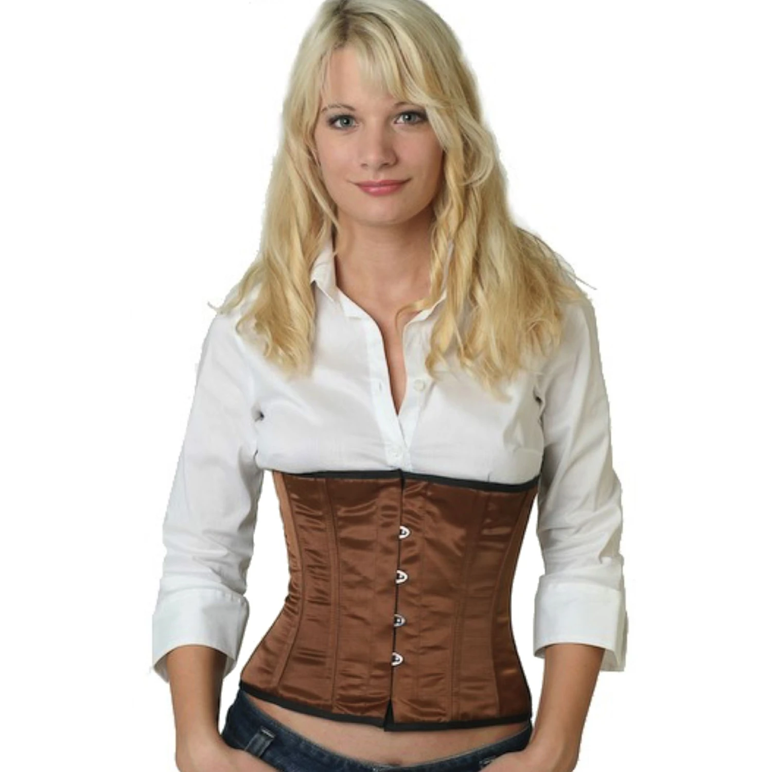 Satin Corset Waist Corset Brown – Elegant Sheen & Perfect Fit Model wearing an elegant satin waist cincher in brown with cotton inner lining