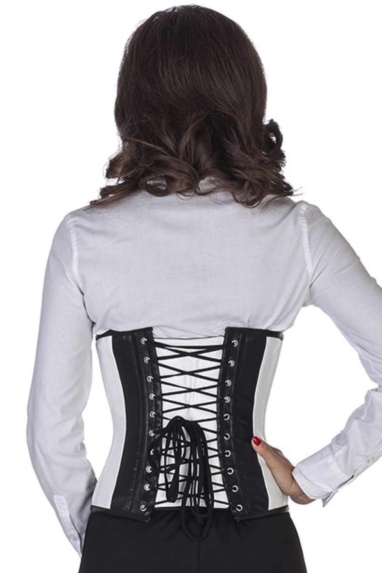Corset black white leather taille lw35