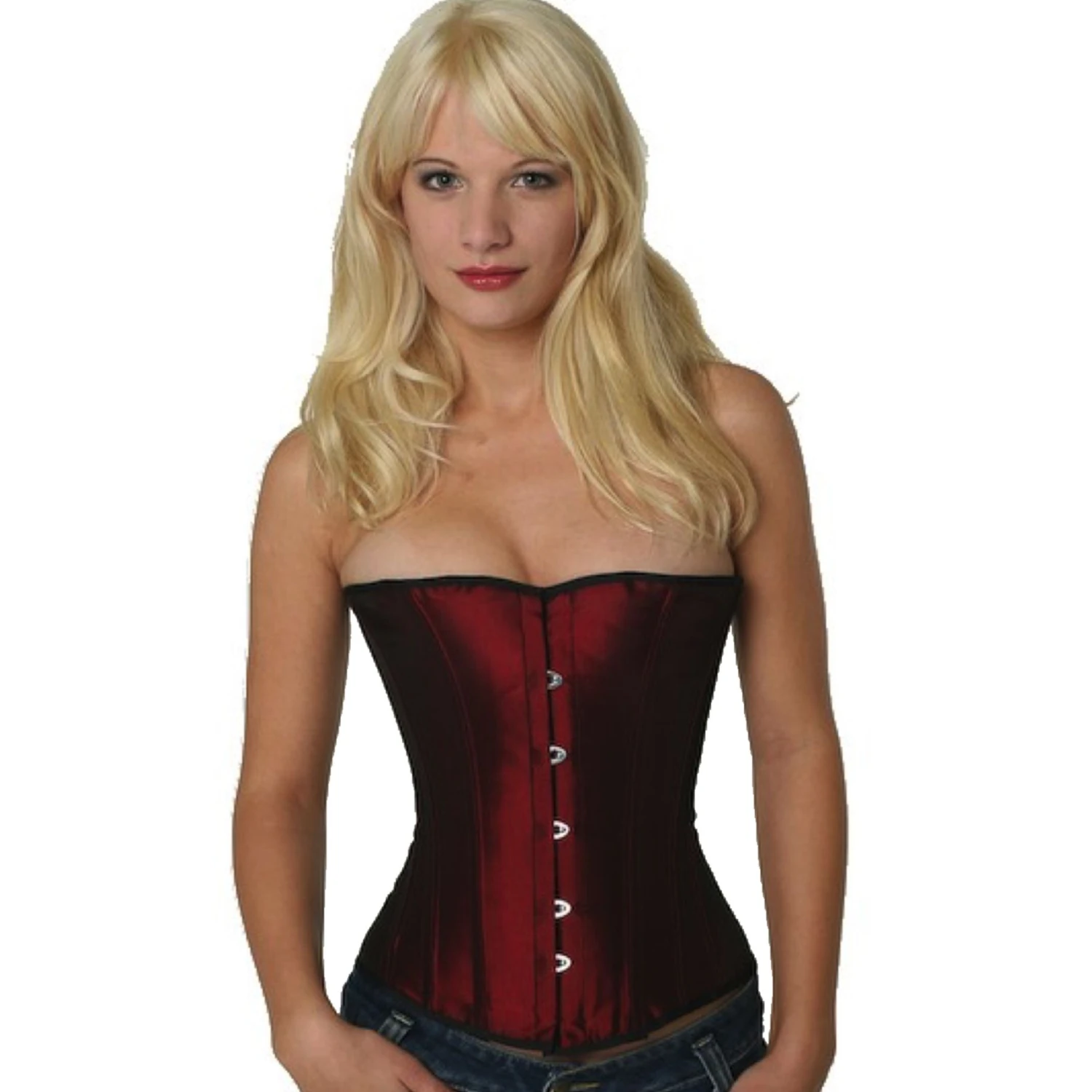 Half-bust corset in wine red satin – dramatic waist reduction Model wearing an elegant satin half-bust corset in dark red with cotton inner lining