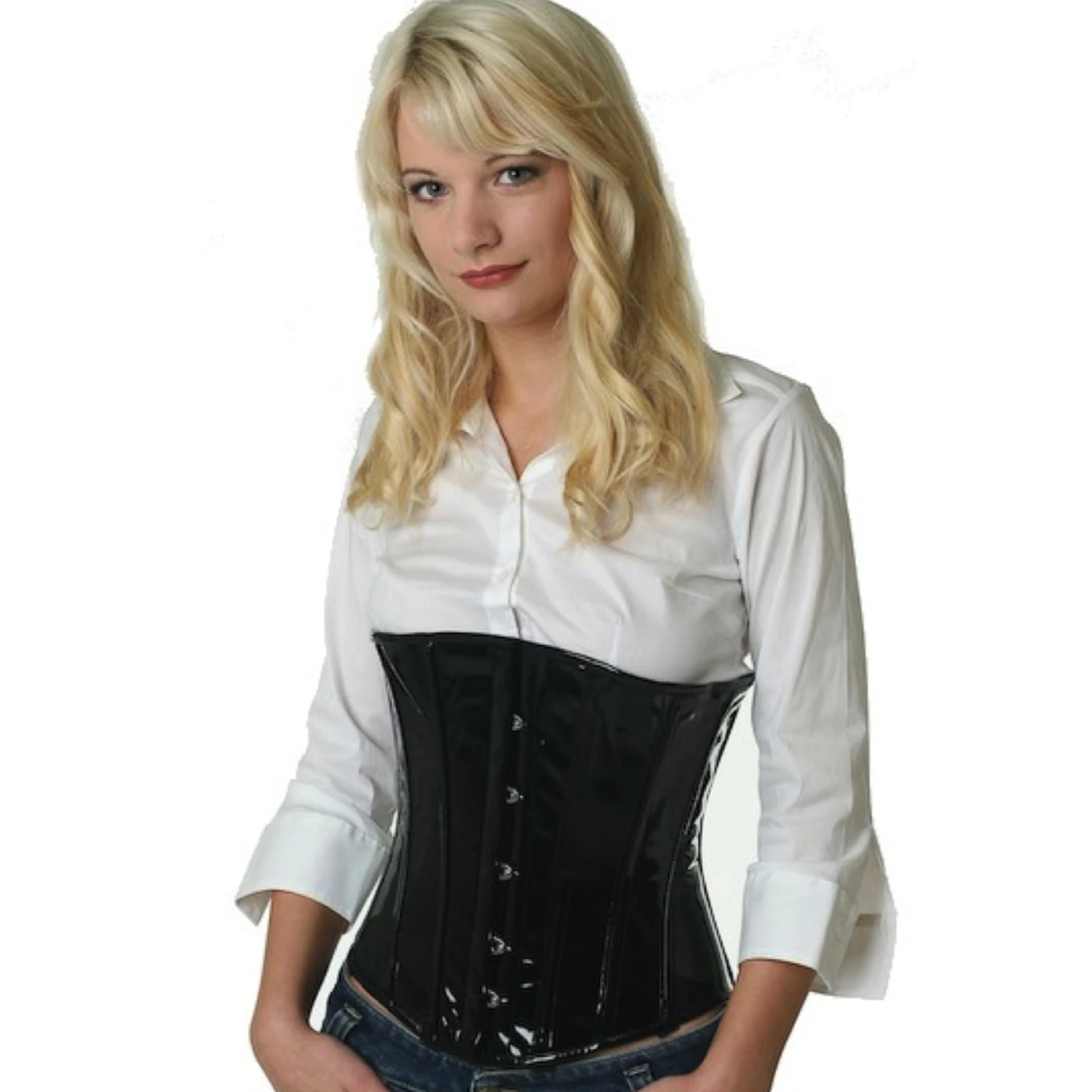 Lackkorsett Unterbrustkorsett Schwarz – Edler Glanz & Perfekte Silhouette Modell trägt ein klassisches Lack-Unterbrustkorsett in schwarz mit Innenfutter aus Baumwolle