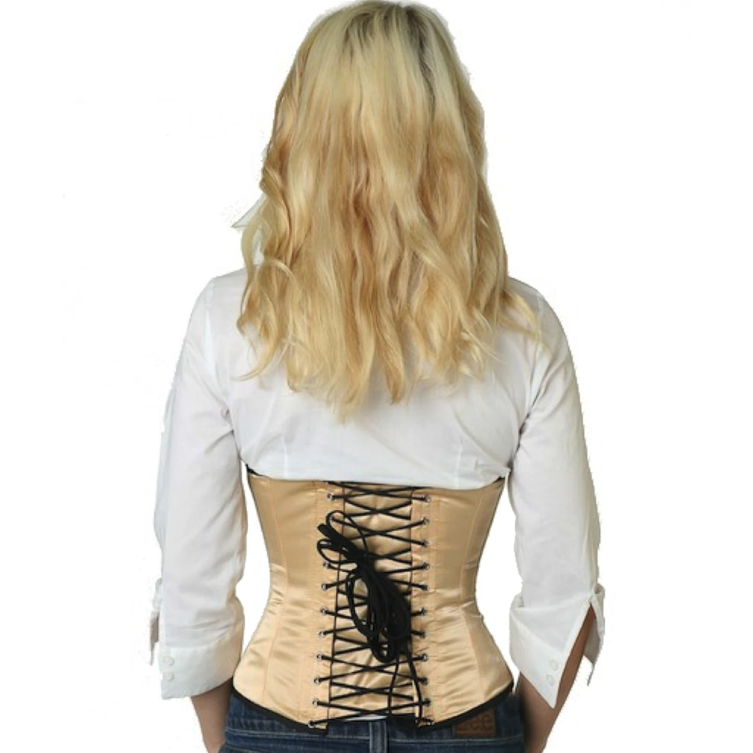 Korsett Beige Sateng Midje sw11 Bakside av en modell i satin-snorekorsett med taille i beige med klassisk snoring bak
