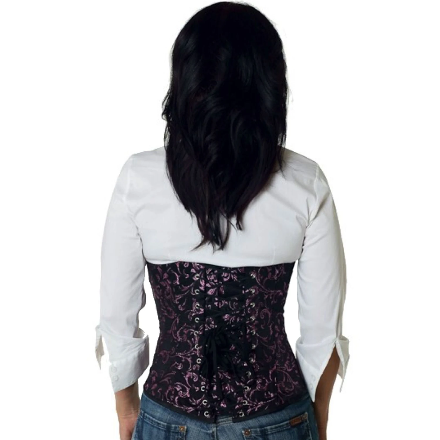 Brocade underbust corset in pink Back view of a model in a brocade underbust tightlacing corset in pink with classic back lacing