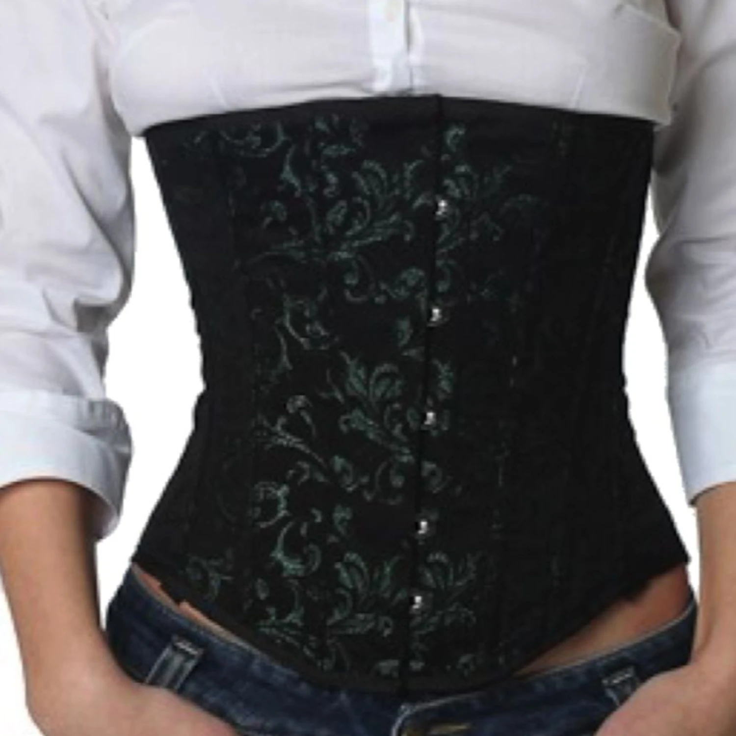 Green brocade underbust corset – high-quality lace-up corset with genuine stainless-steel boning Green brocade underbust corset – high-quality lace-up corset with genuine stainless-steel boning