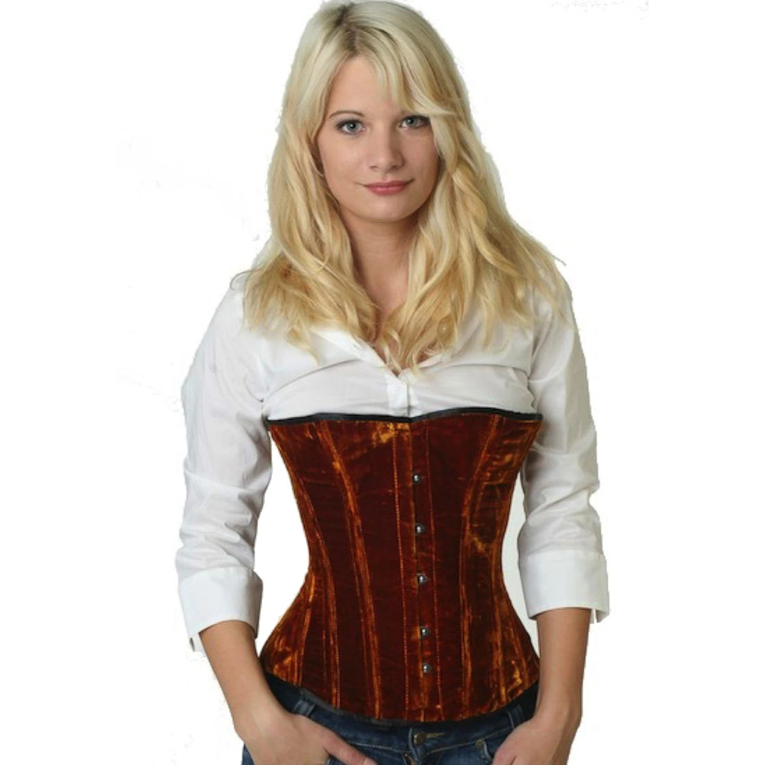 Velvet corset half-bust corset Gold Model wearing an elegant velvet demi-bust corset in gold with cotton inner lining