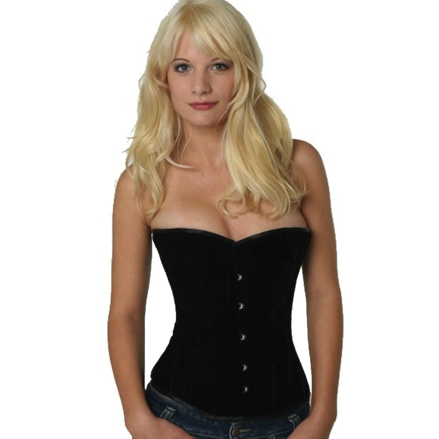 Velvet Corset Half-Bust Corset Black Model wearing an elegant velvet demi-bust corset in black with cotton inner lining