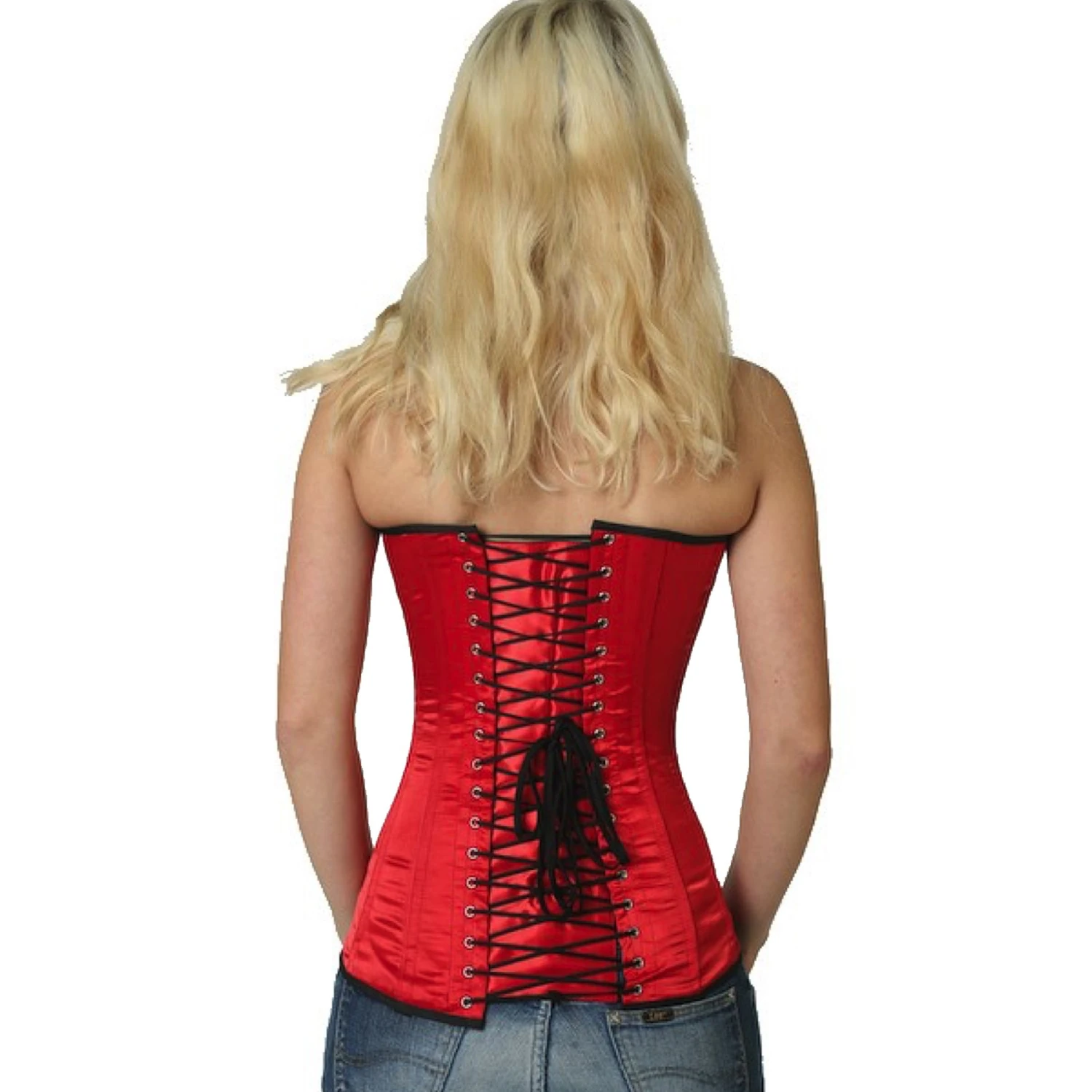Satin corset overbust corset red Back view of a model in a satin overbust tightlacing corset in red with classic back lacing