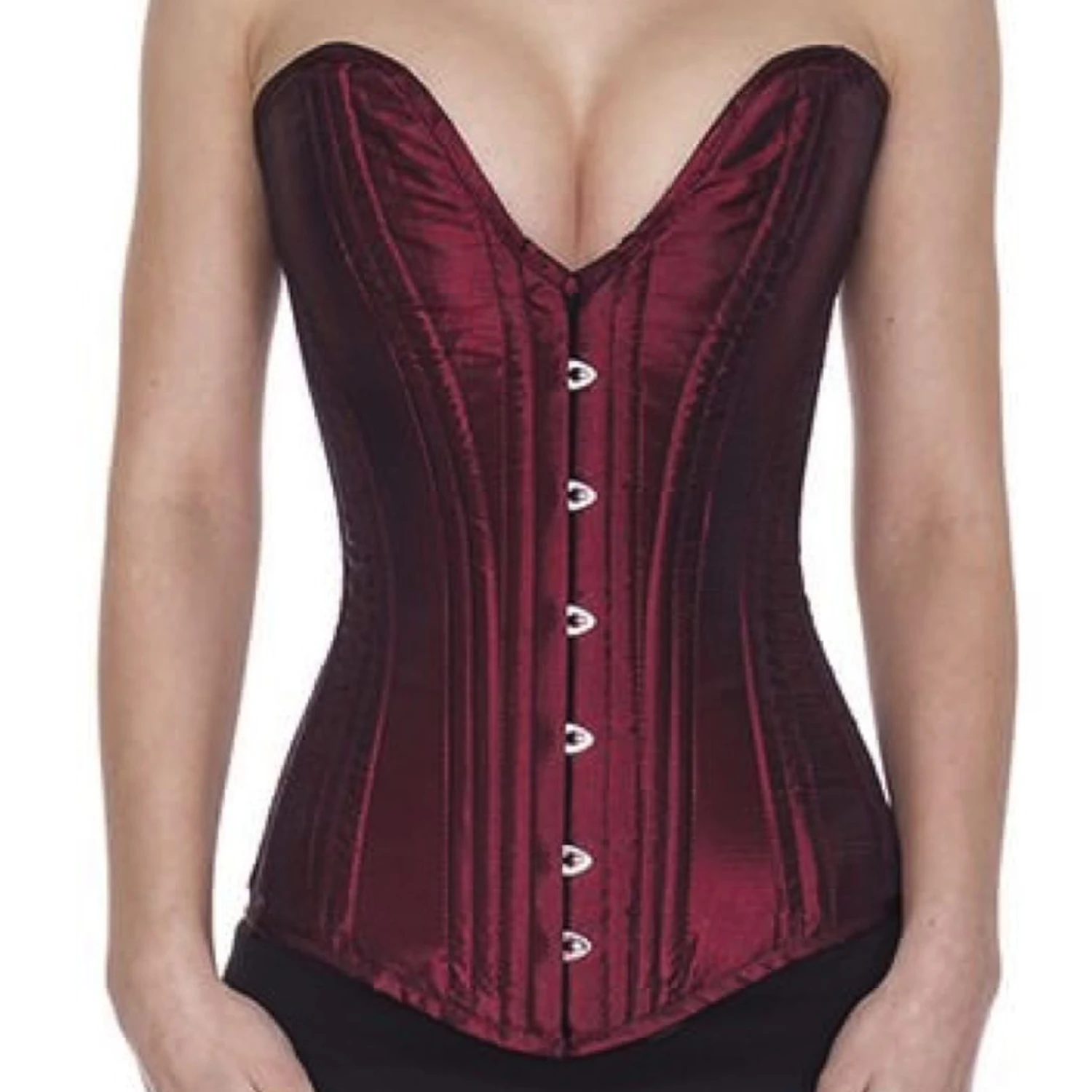 Korset bustier wijnrood satijn volle buste diepe decolleté sl05 Echt volledige bustekorset van elegant satin materiaal met een lage halslijn (plunge) in donkerrood voor taillevermindering