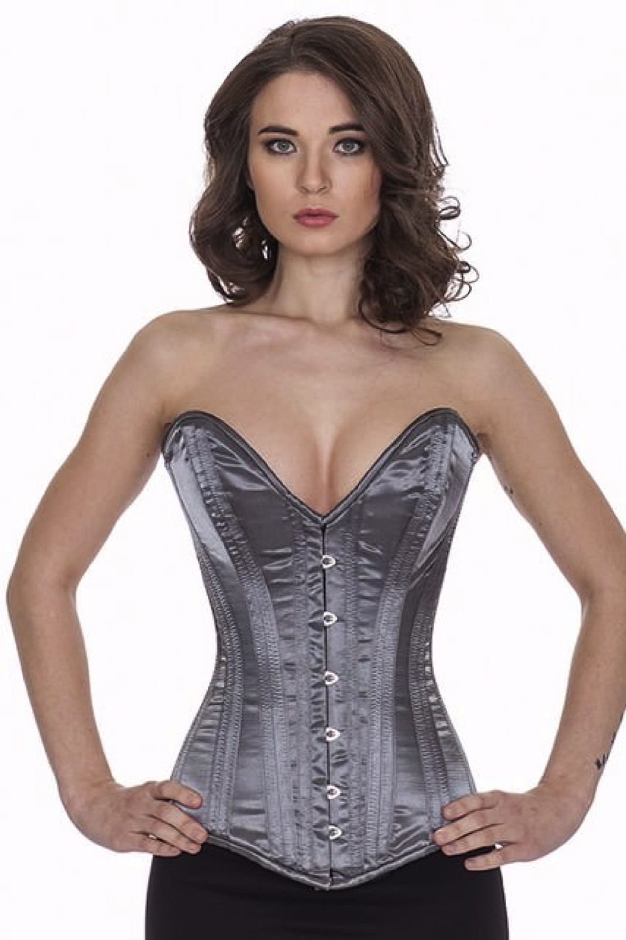 Corset grey satin overbust plunge corset sl01