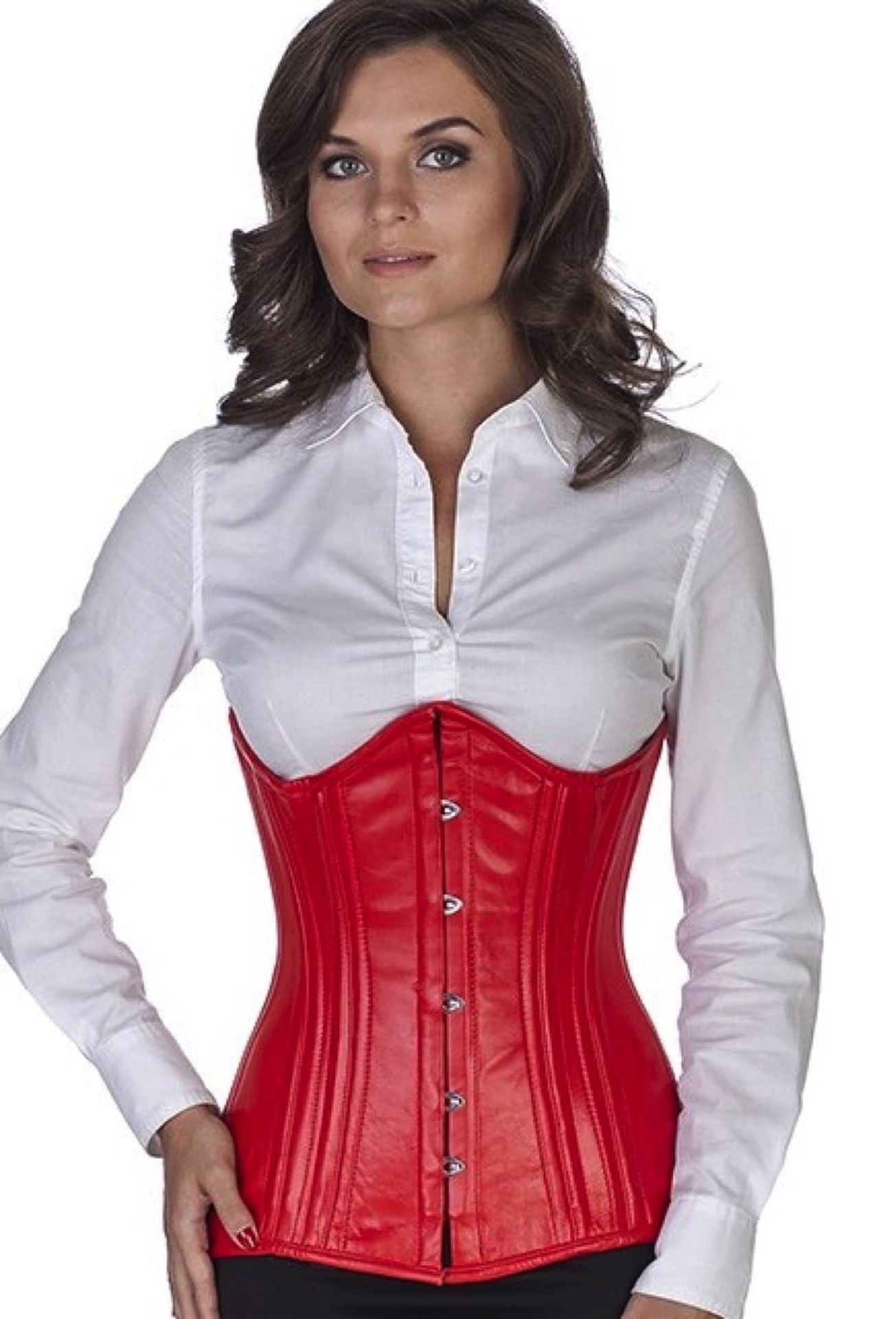 Corset red leather curved underbust ln23