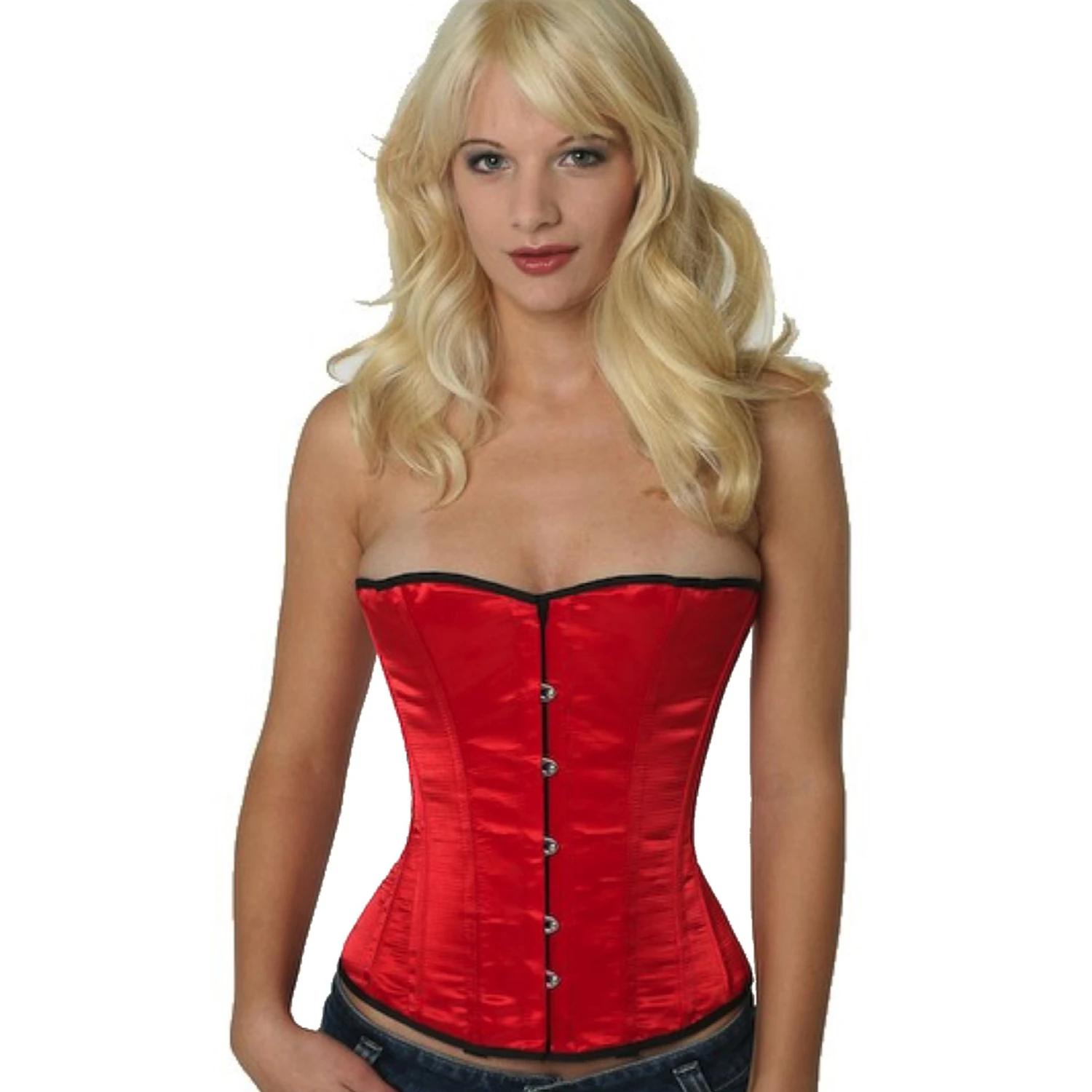 Half-bust corset in red satin – Sensual waist shaping in your chosen size Model wearing an elegant satin half-bust corset in red with cotton inner lining