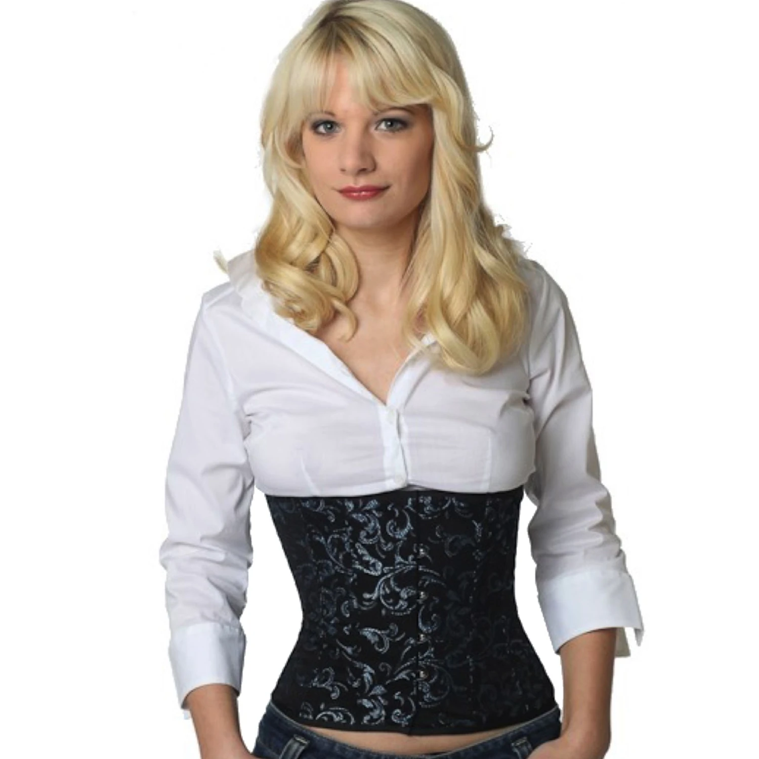 Espartilho de brocado Espartilho de cintura Azul Modelo vestindo um corset de cintura curto de brocado azul com forro interno de algodão