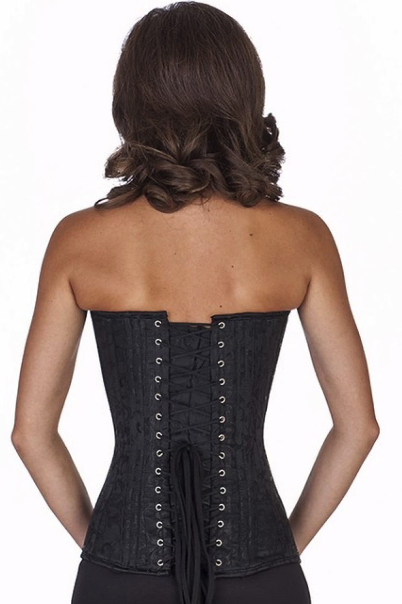 Corset black brocade overbust plunge corset rl80
