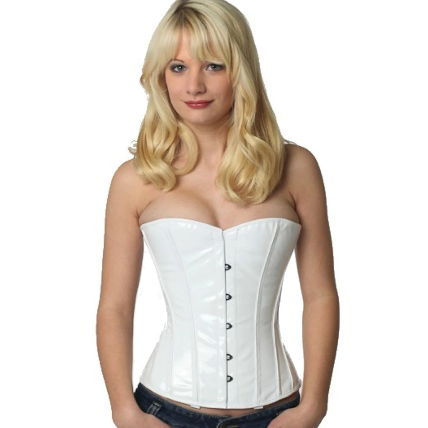 Espartilho de vinil meia-taça em branco – Corpete de alta qualidade sob medida Modelo vestindo um elegante corset meio busto de verniz branco com forro interno de algodão