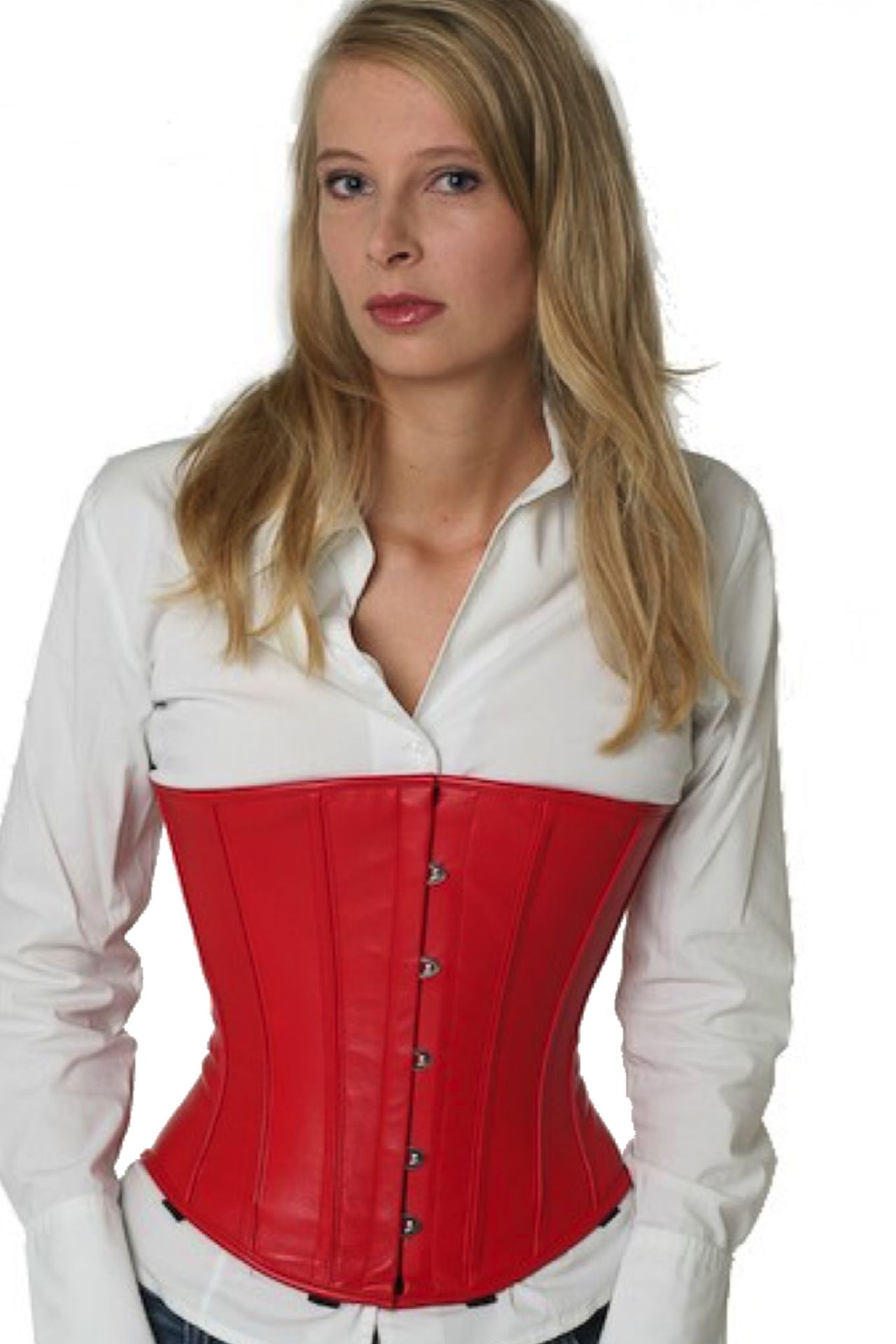 Corset red leather underbust lu23
