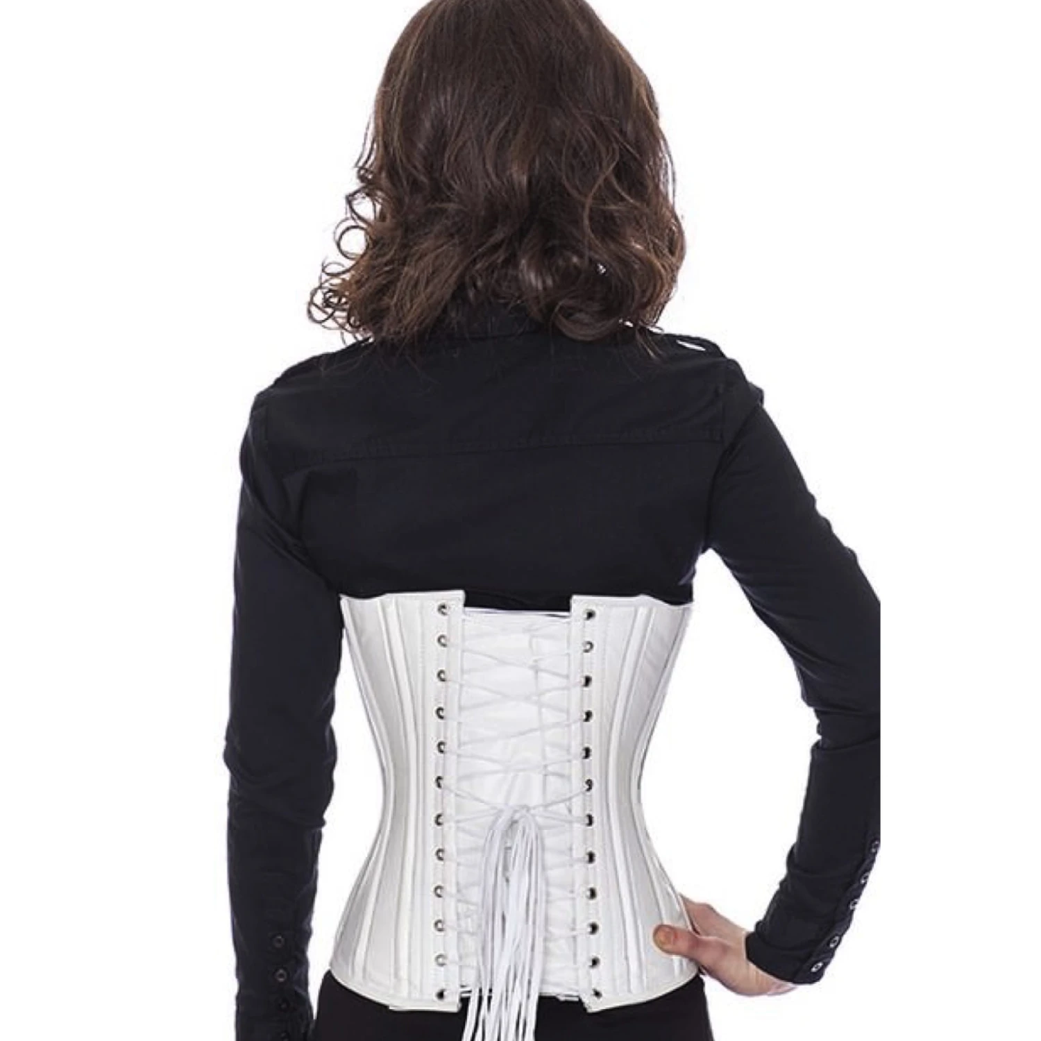 Korsett Hvit Corsage Lær Underbust med Spenner Bakside av modellen i hvit snoerekorsett av laer med snoeringdetaljer