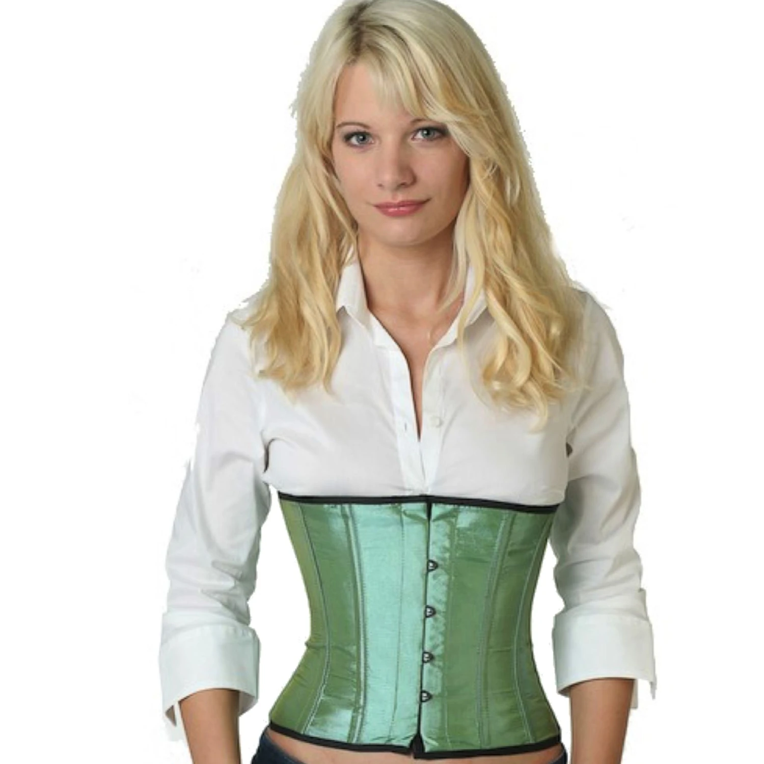 Espartilho Corset verde claro cetim sw15 Modelo vestindo um elegante corset de cintura de cetim verde claro com forro interno de algodão