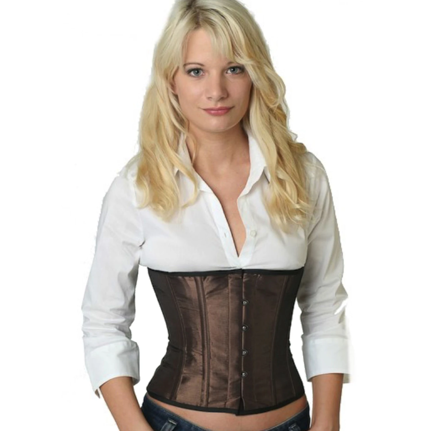 Satin corset waist corset tea brown Model wearing an elegant satin waist cincher in tea brown with cotton inner lining