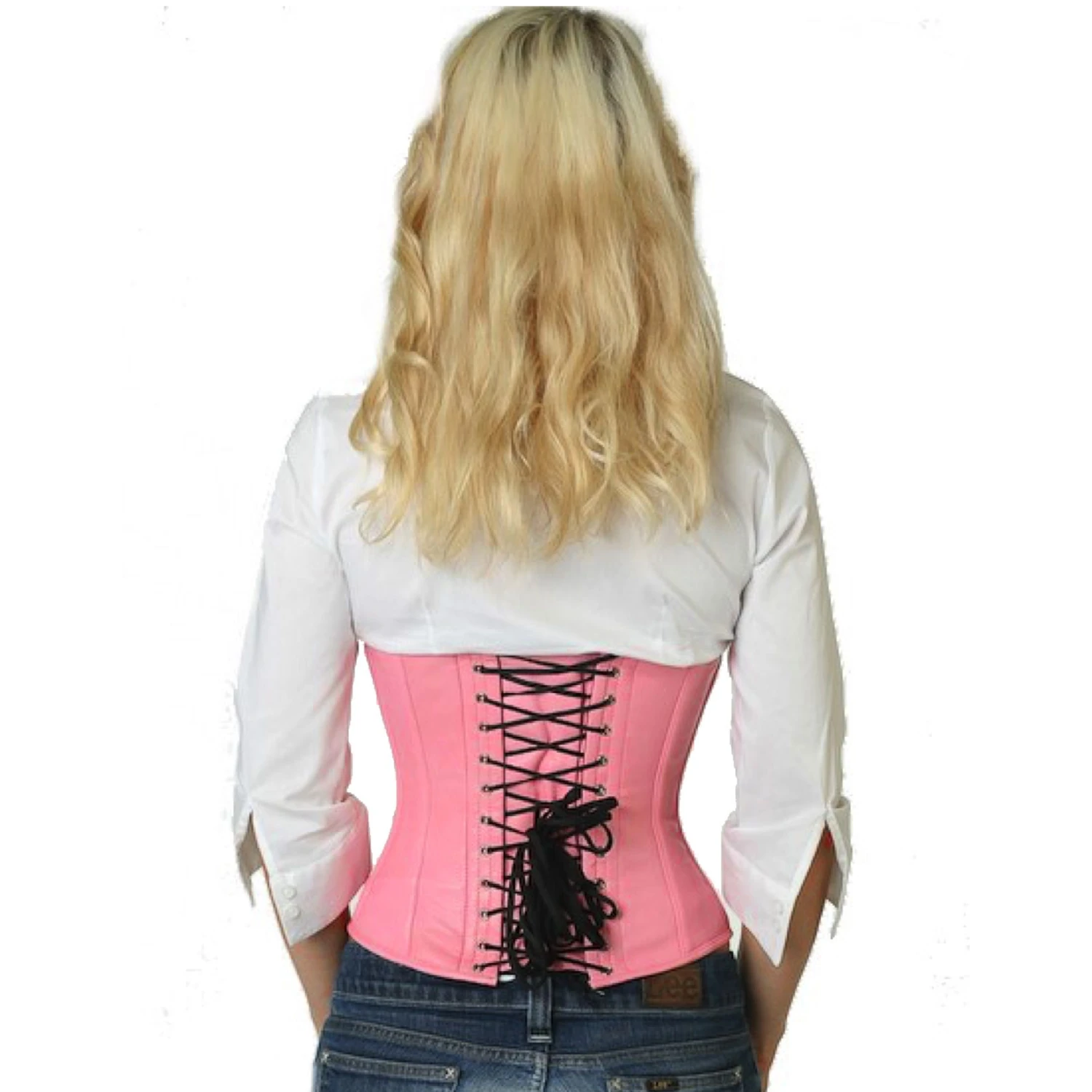 Espartilho de cintura de couro genuíno em rosa marcante Vista traseira na modelo para o corset de couro taillenkorsett em rosa com amarração clássica nas costas e 10 barbatanas de aço inoxidável.