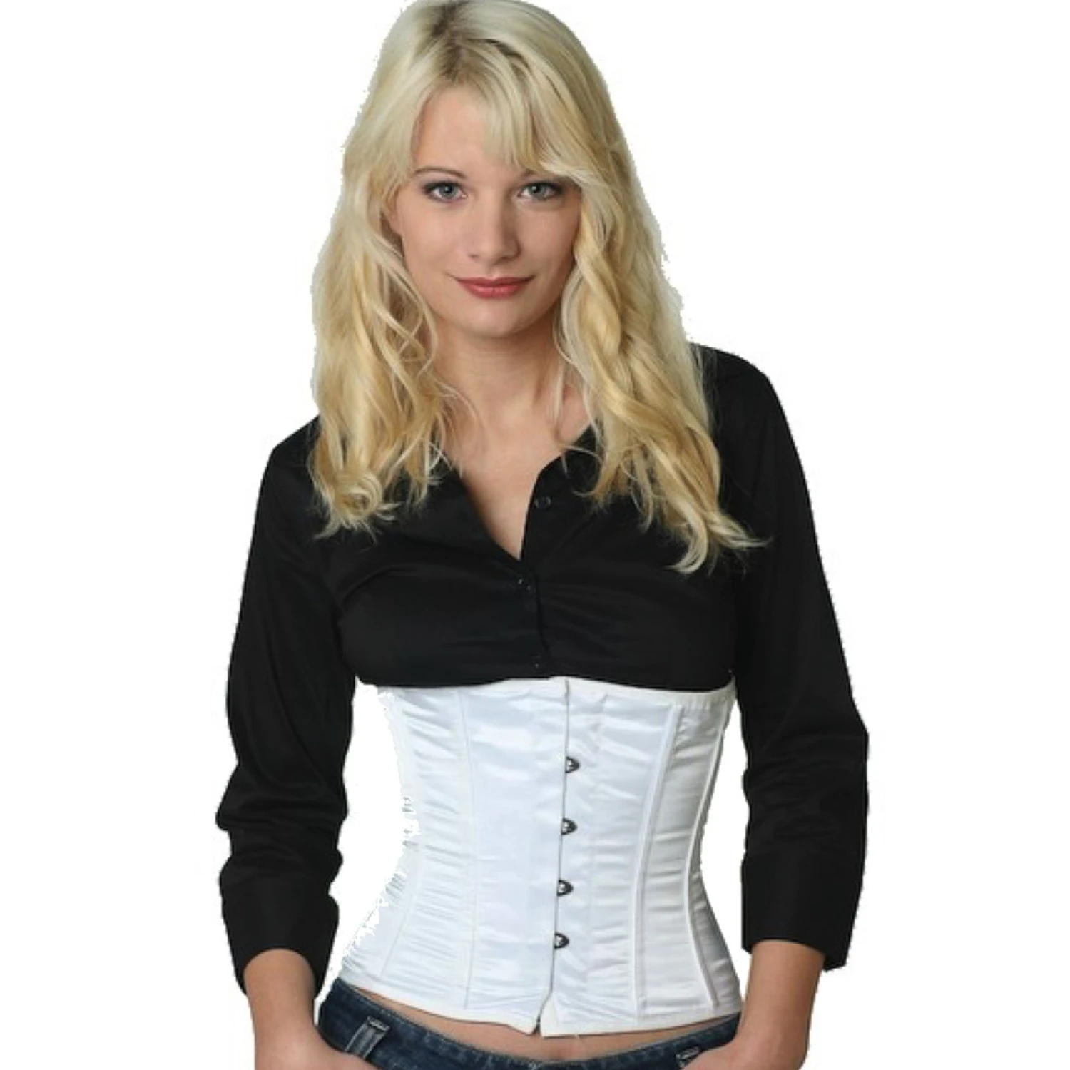 White Satin Waist Corset Model wearing an elegant satin waist cincher in white with cotton inner lining