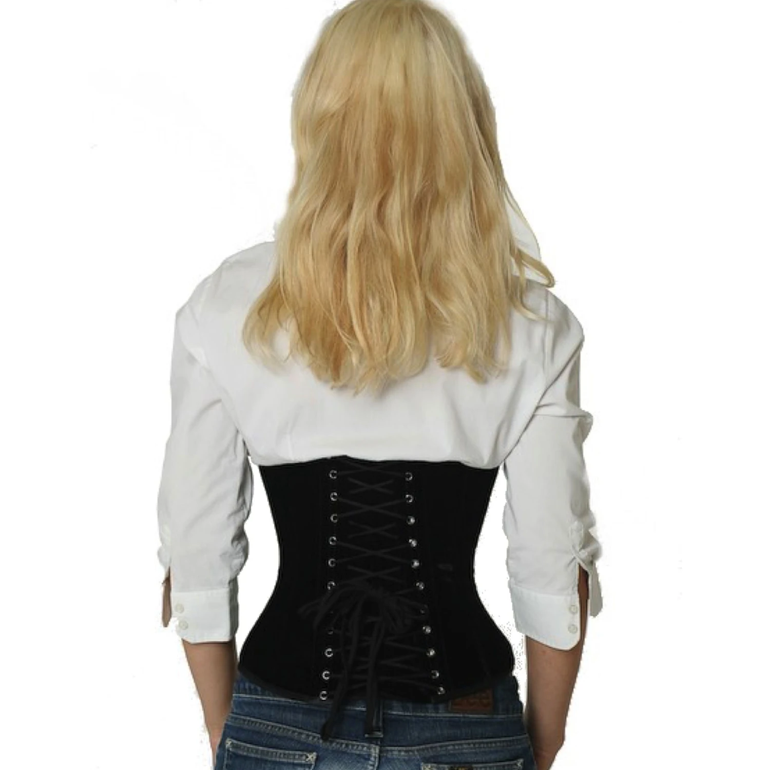 Velvet Corset Waist Corset Black Back view of a model in a velvet waist cincher tightlacing corset in black with classic back lacing