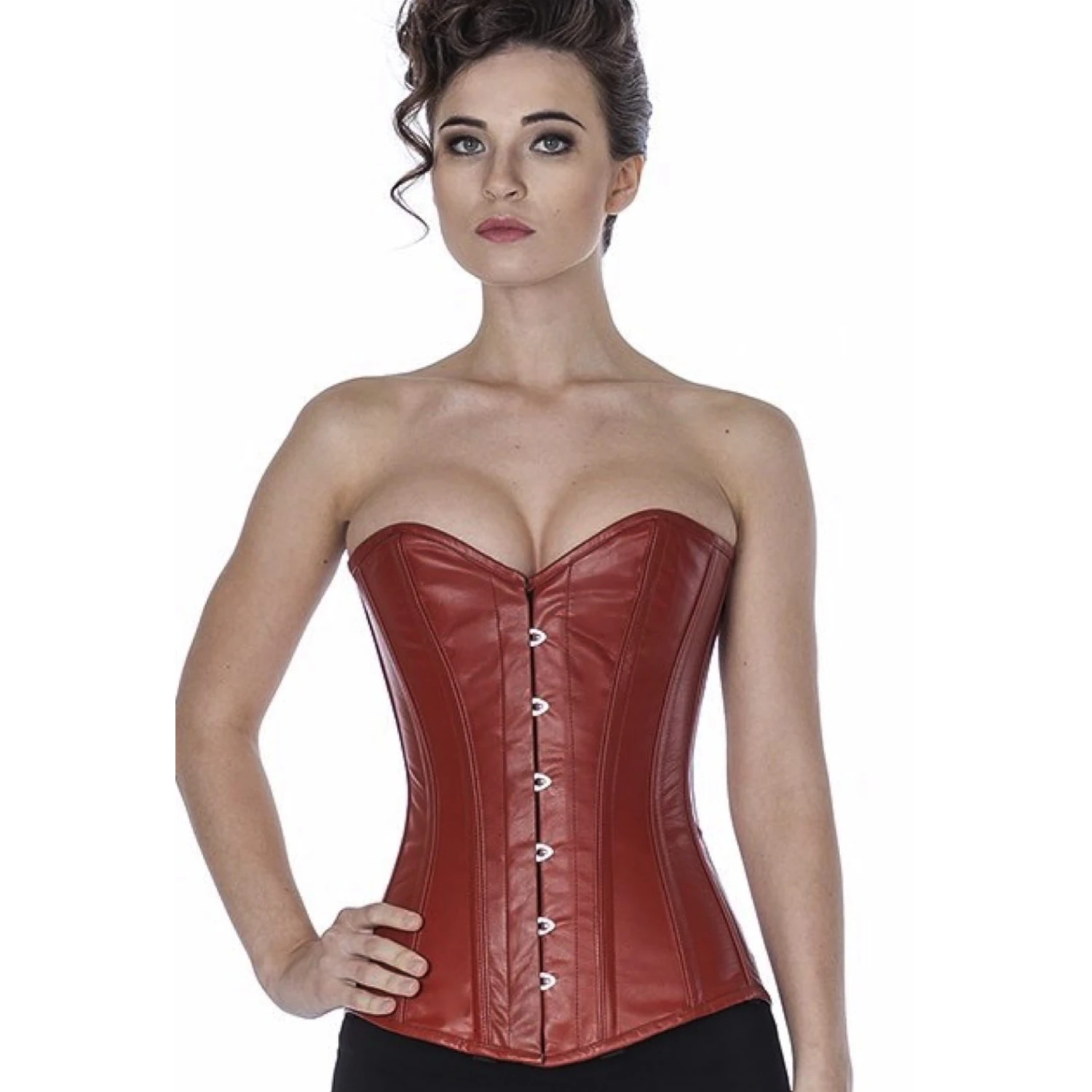 Espartilho de couro de busto inteiro em castanho-claro – couro genuíno para uma definição perfeita da cintura Modelo vestindo o vollbrust-corset de couro em marrom claro na vista frontal para uma redução de cintura de até 10cm.
