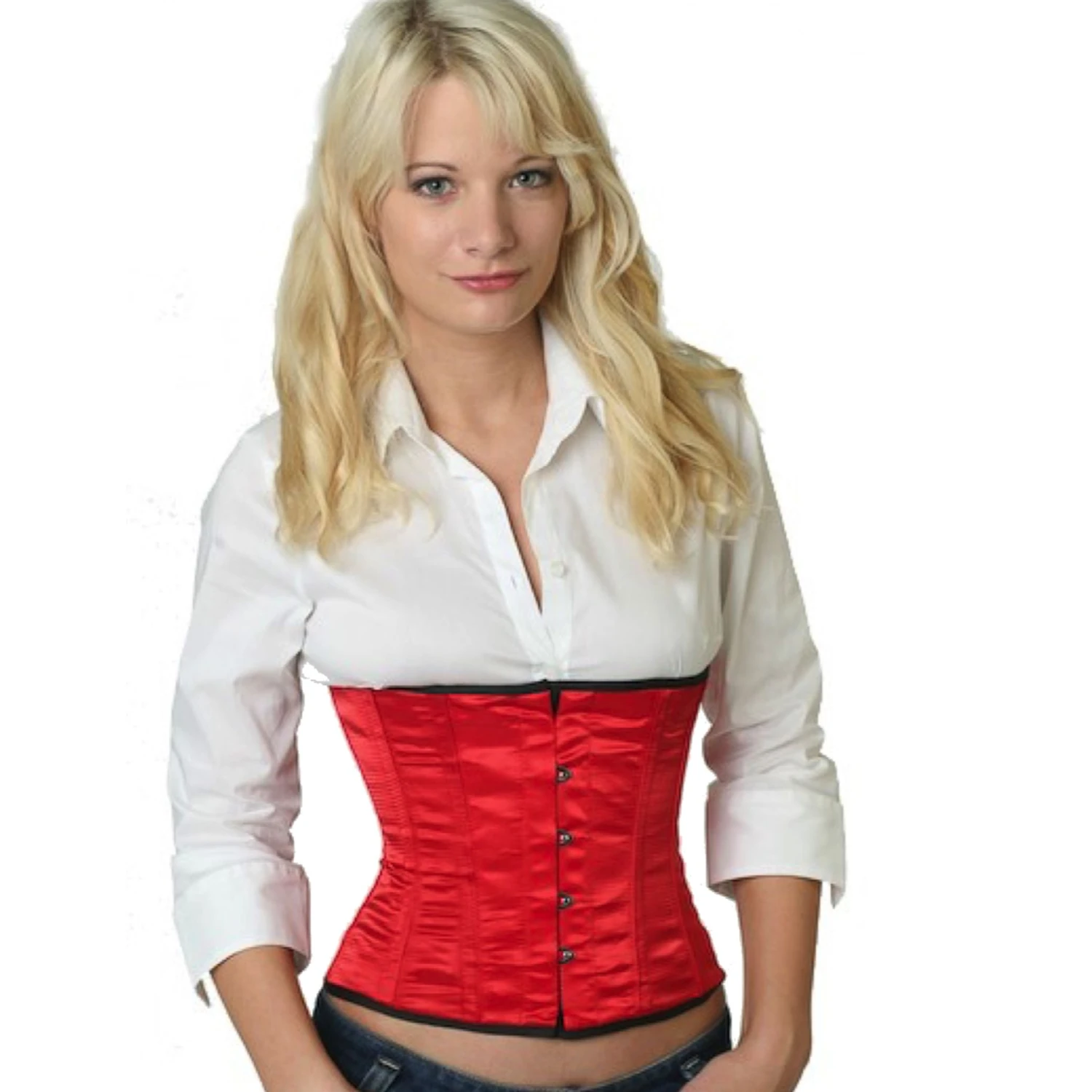 Satin corset waist corset red Model wearing an elegant satin waist cincher in red with cotton inner lining