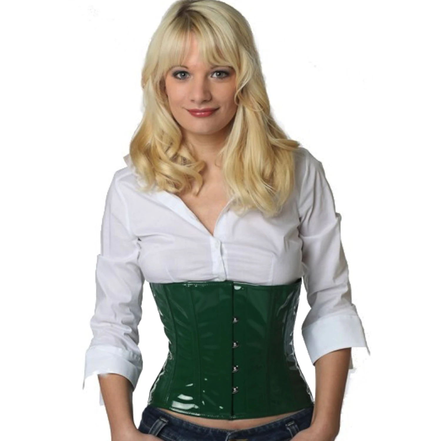 Corsé de cintura de charol verde – Brillo extravagante para una silueta marcada Modelo luciendo un corsé de cintura corto de charol en verde con forro de algodón