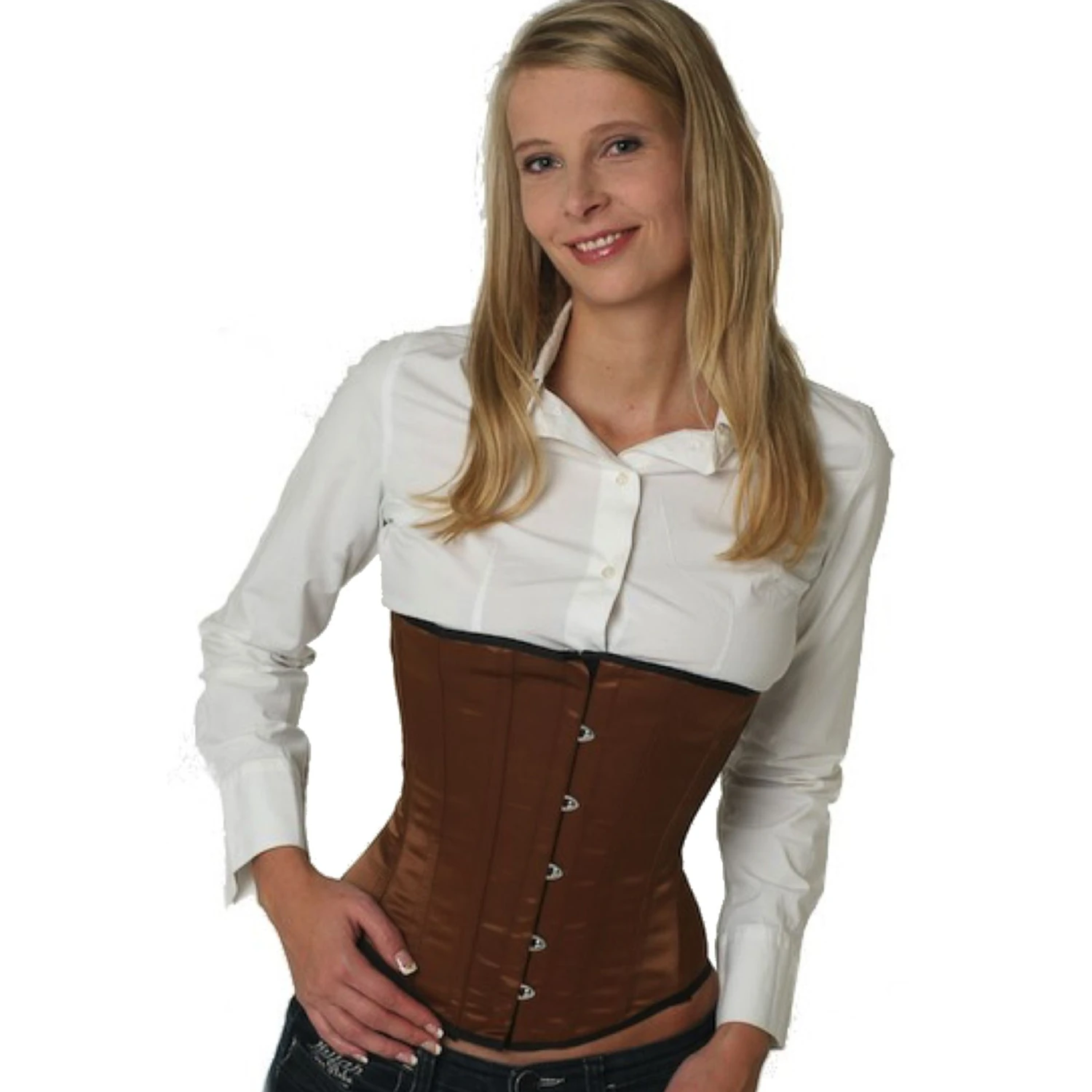 Satin Corset Underbust Corset Brown Model wearing an elegant satin underbust corset in brown with cotton inner lining