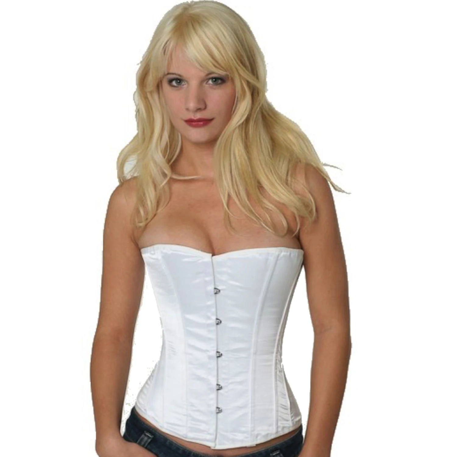 White satin half-bust corset – elegant silhouette, also made to measure Model wearing an elegant satin half-bust corset in white with cotton inner lining