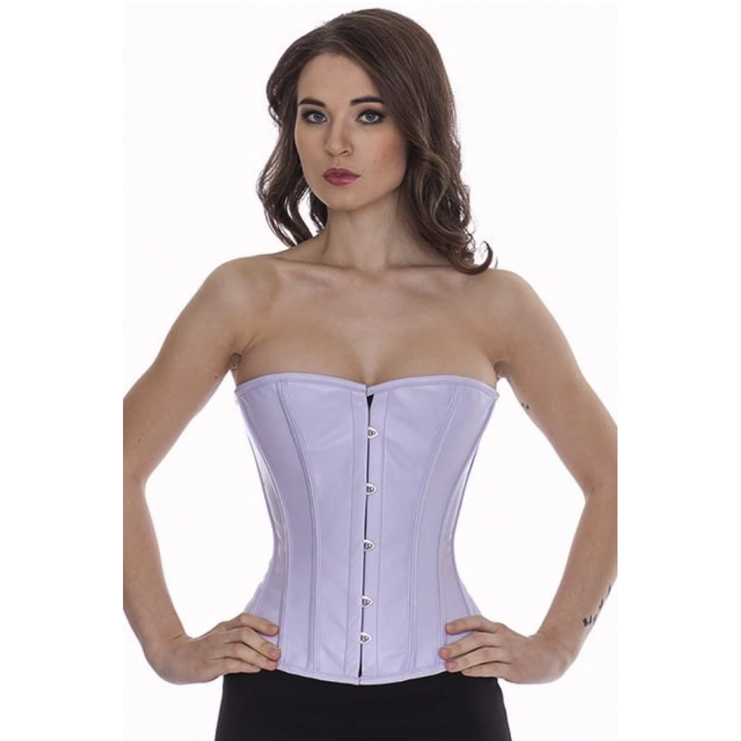 Espartilho meia-taça de couro violeta-claro Modelo a usar um corset de meio busto de couro violeta claro vista frontal